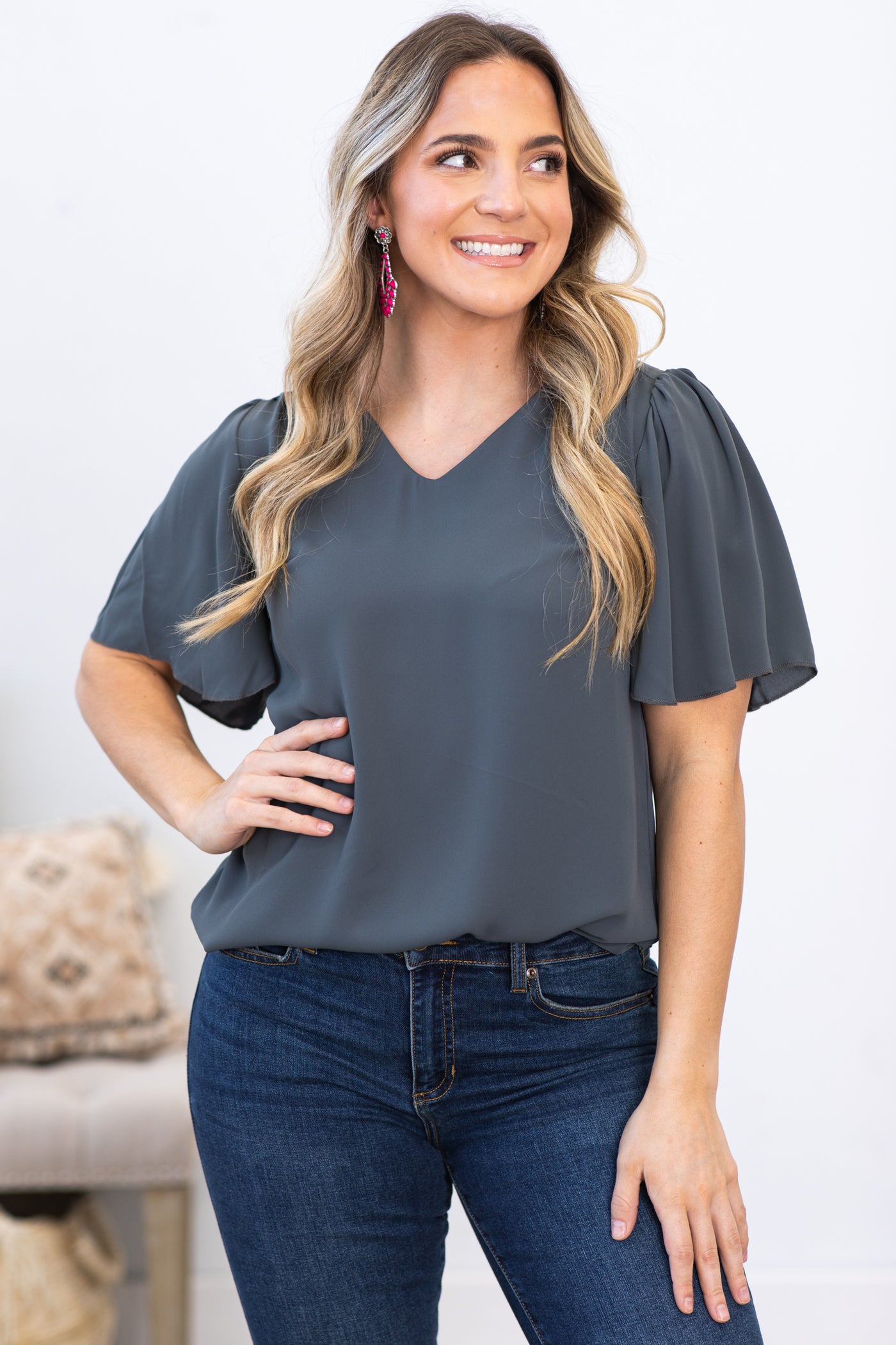 Graphite Woven Waterfall Sleeve V-Neck Top · Filly Flair