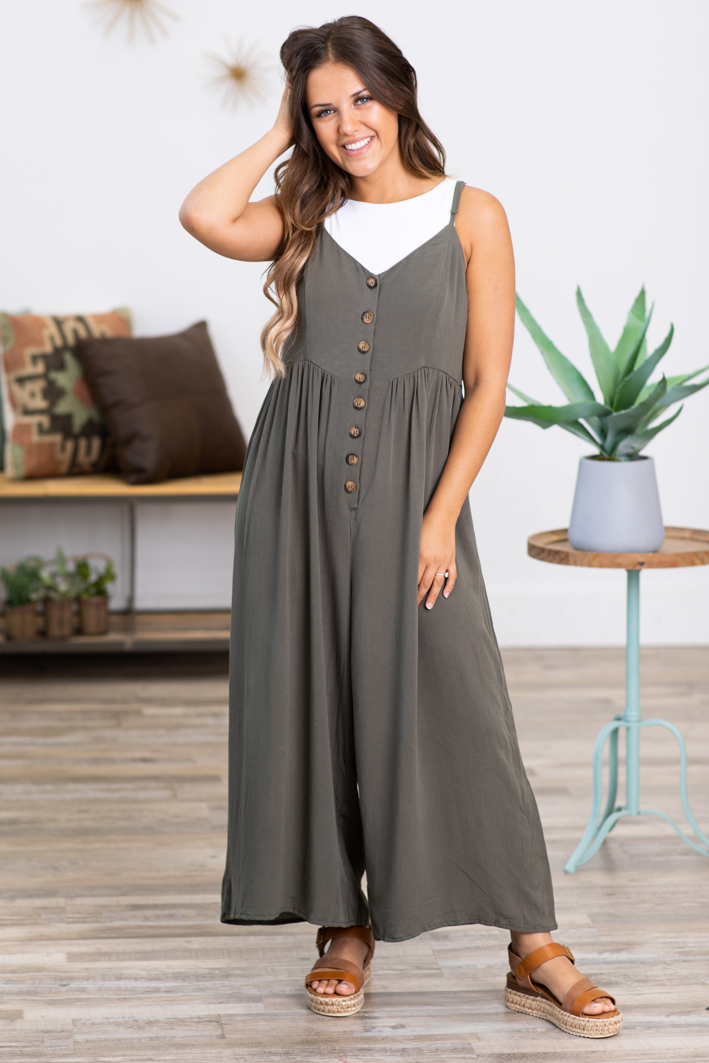Olive Wide Leg Jumpsuit With Button Detail - Filly Flair