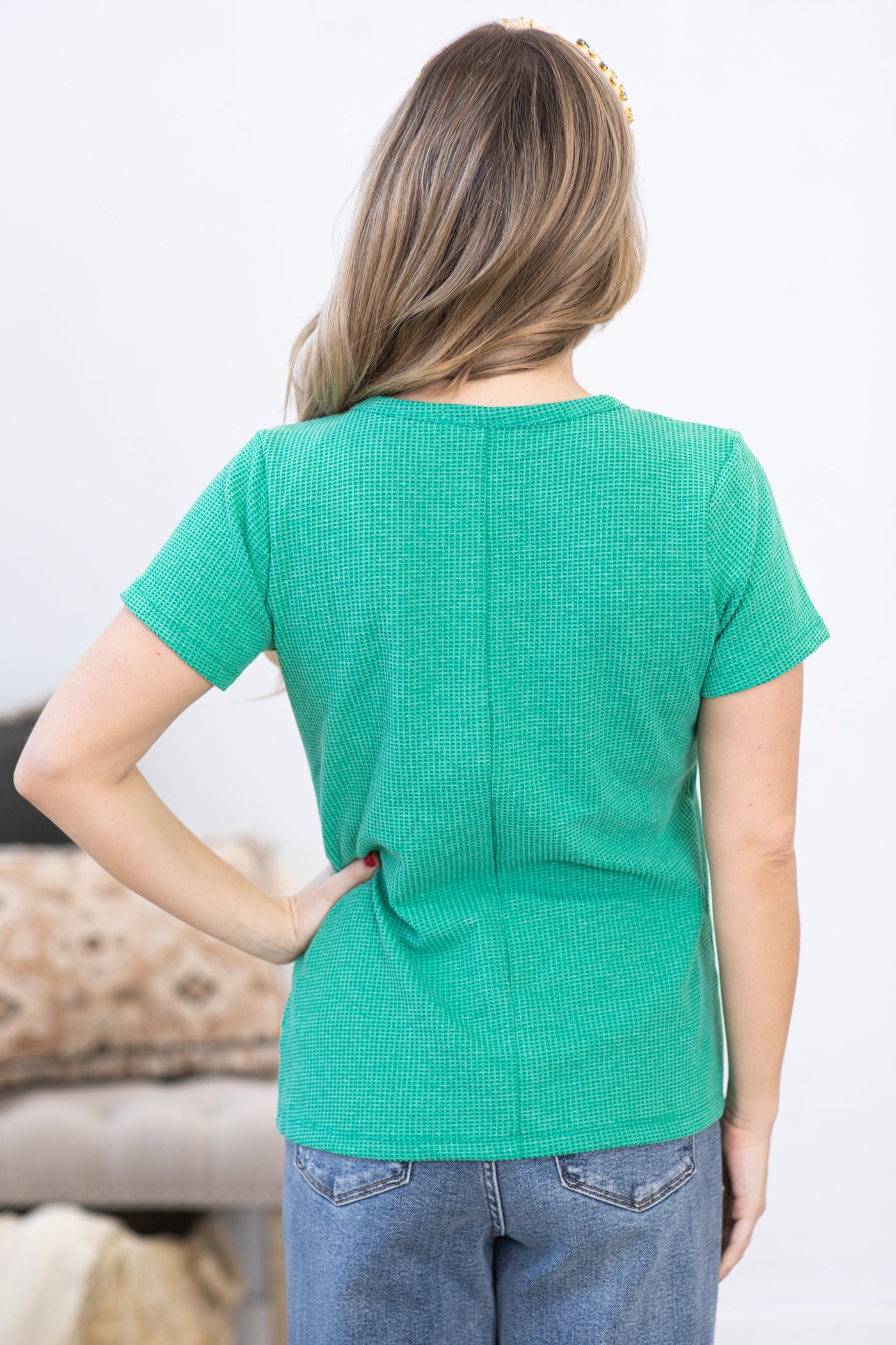 Jade Melange Baby V-Neck Waffle Henley Top