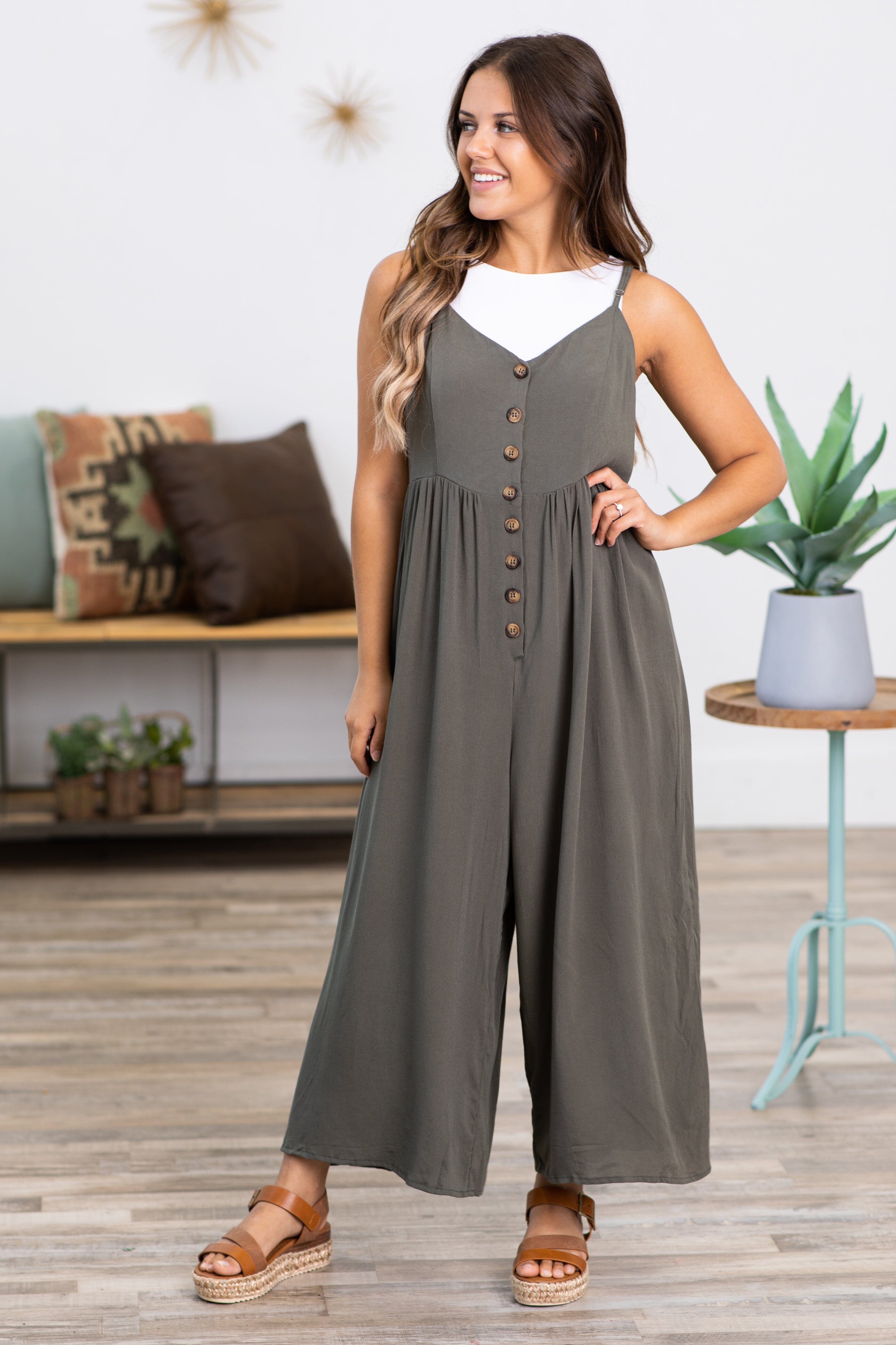Olive Wide Leg Jumpsuit With Button Detail - Filly Flair