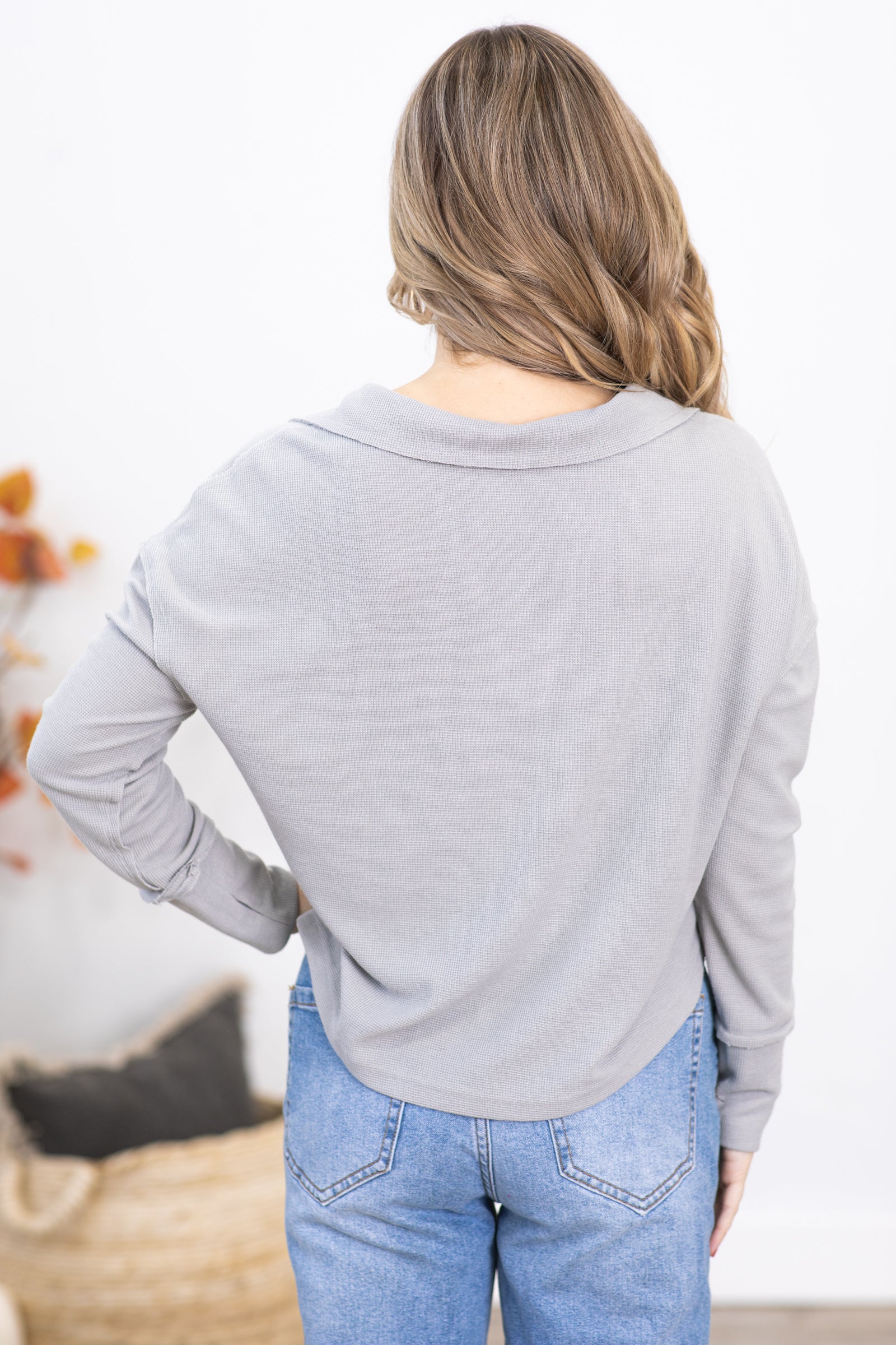 Grey Notch Neck Top With Collar