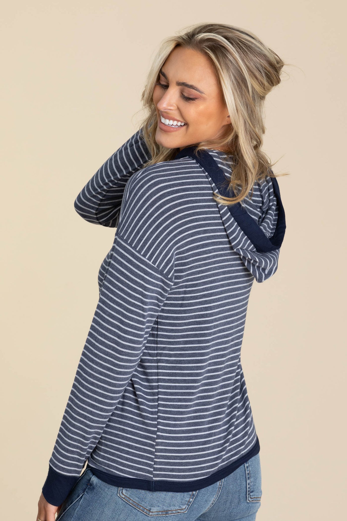 Navy Drawstring Striped Hoodie Knit Top