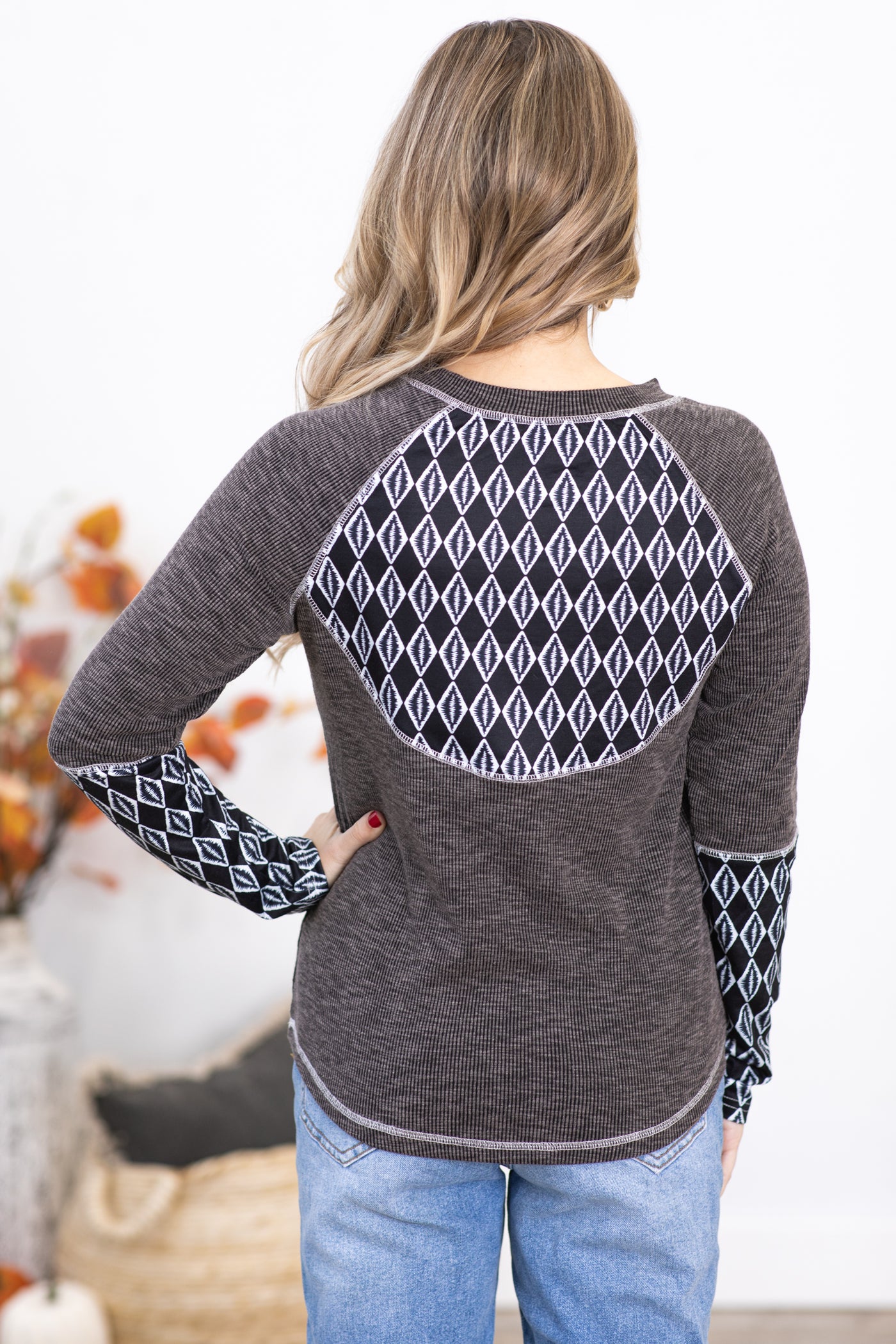 Charcoal Top With Aztec Print Cuffs