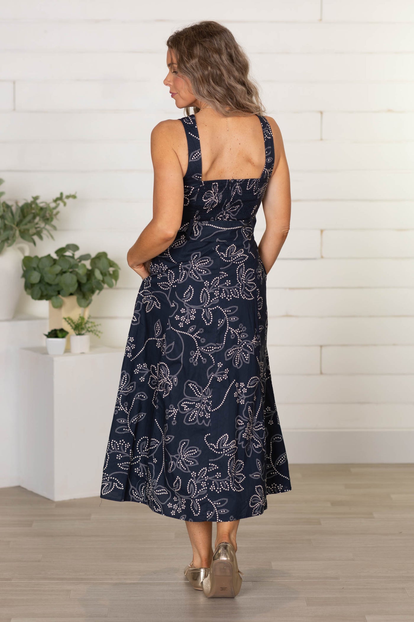 Navy Printed With Gold Buttons And Belt Dress