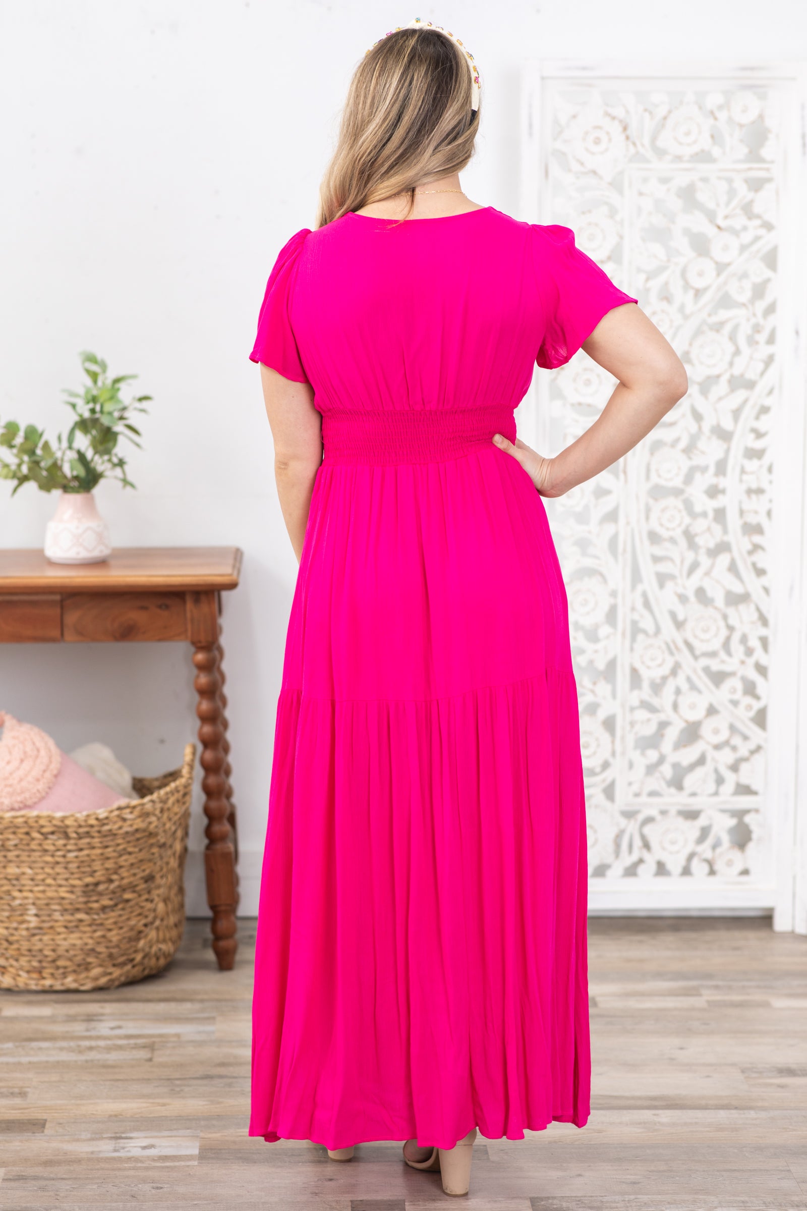Hot Pink Smocked Waist Maxi Dress