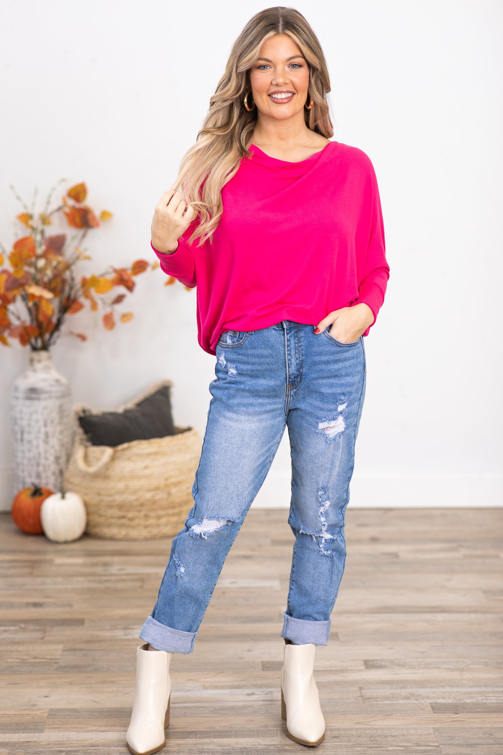 Hot Pink Cowl Neck Dolman Sleeve Top