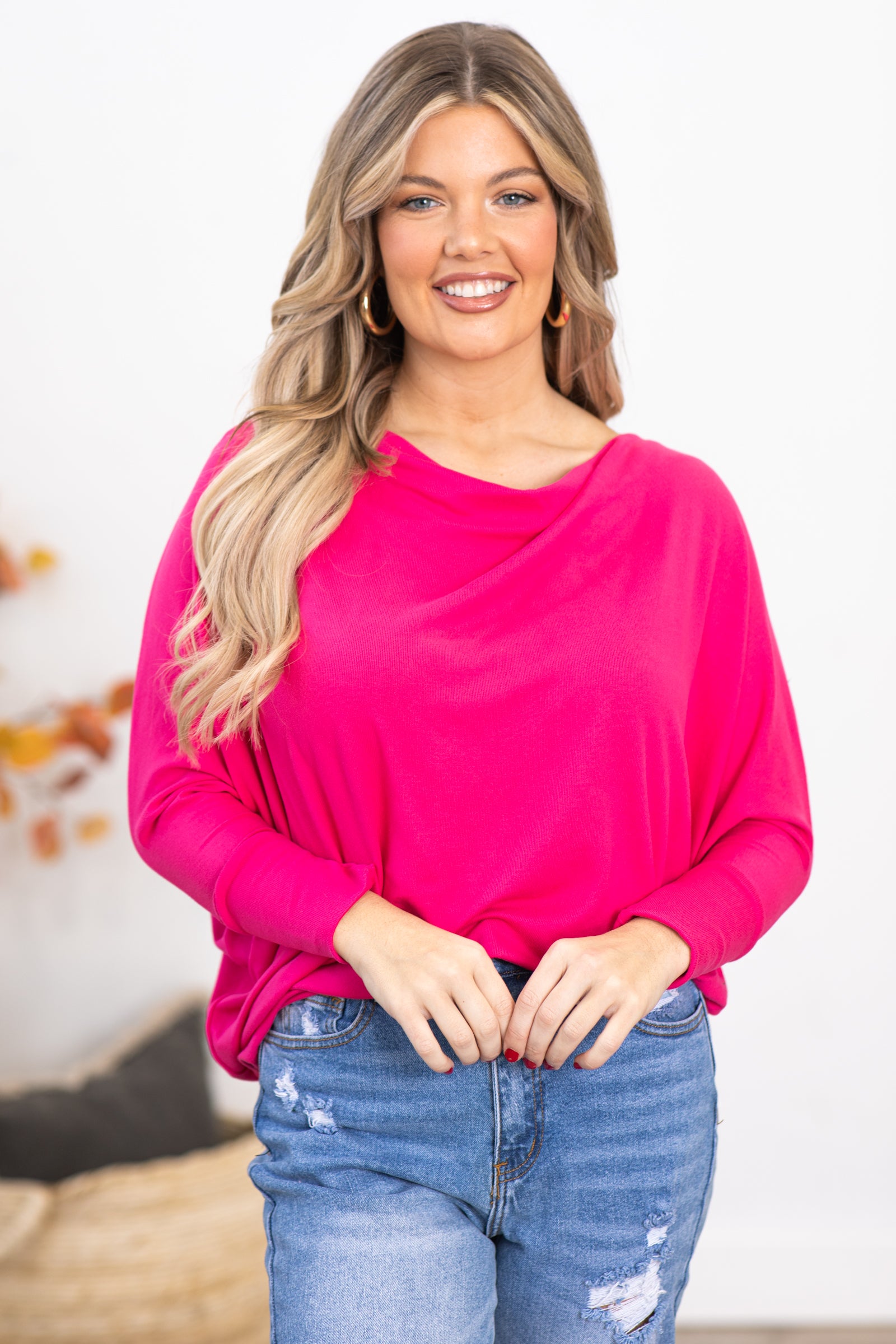 Hot Pink Cowl Neck Dolman Sleeve Top