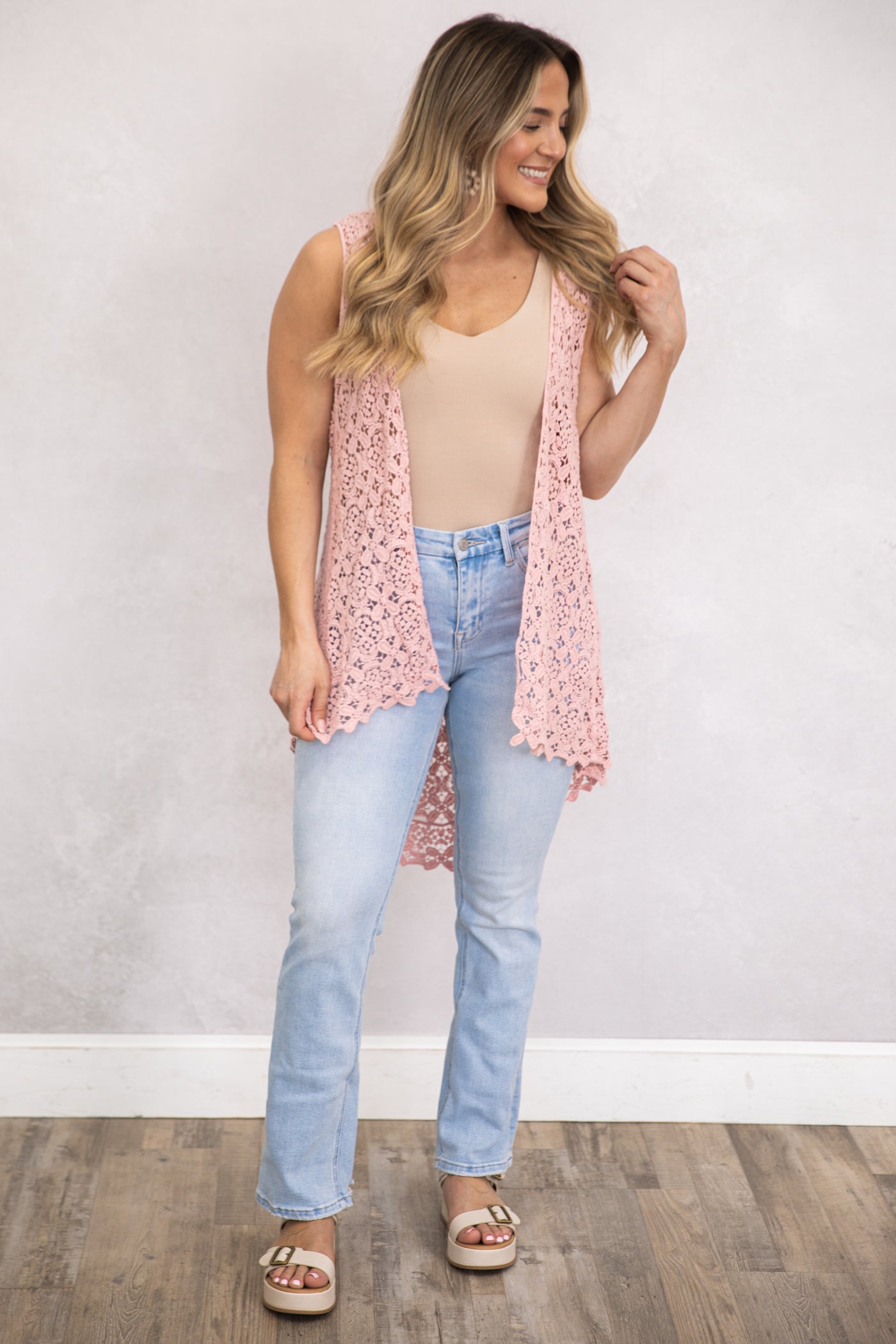 Baby Pink Crochet Hi-Low Vest Cardigan · Filly Flair