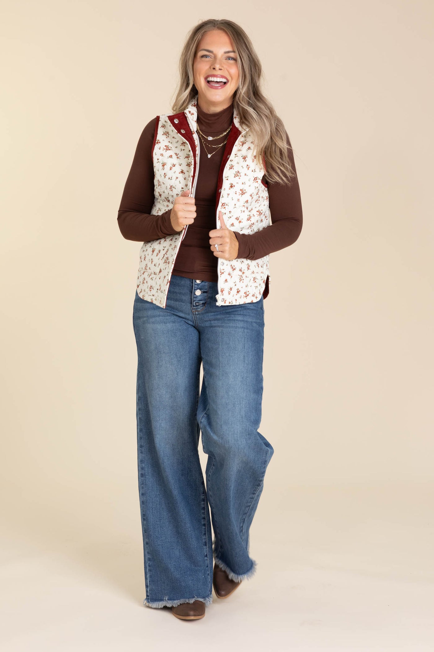 Ivory Floral Quilted Zip-Up Vest