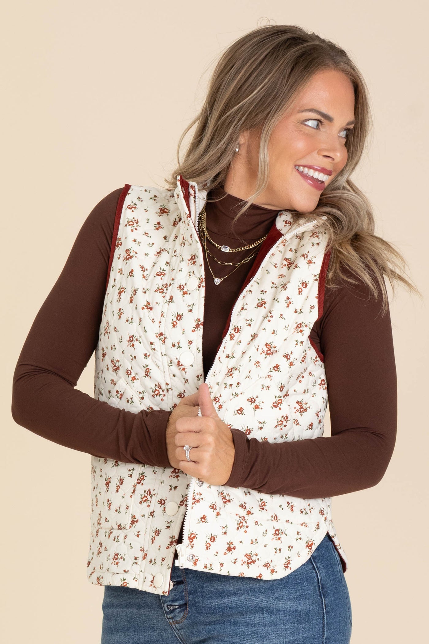 Ivory Floral Quilted Zip-Up Vest
