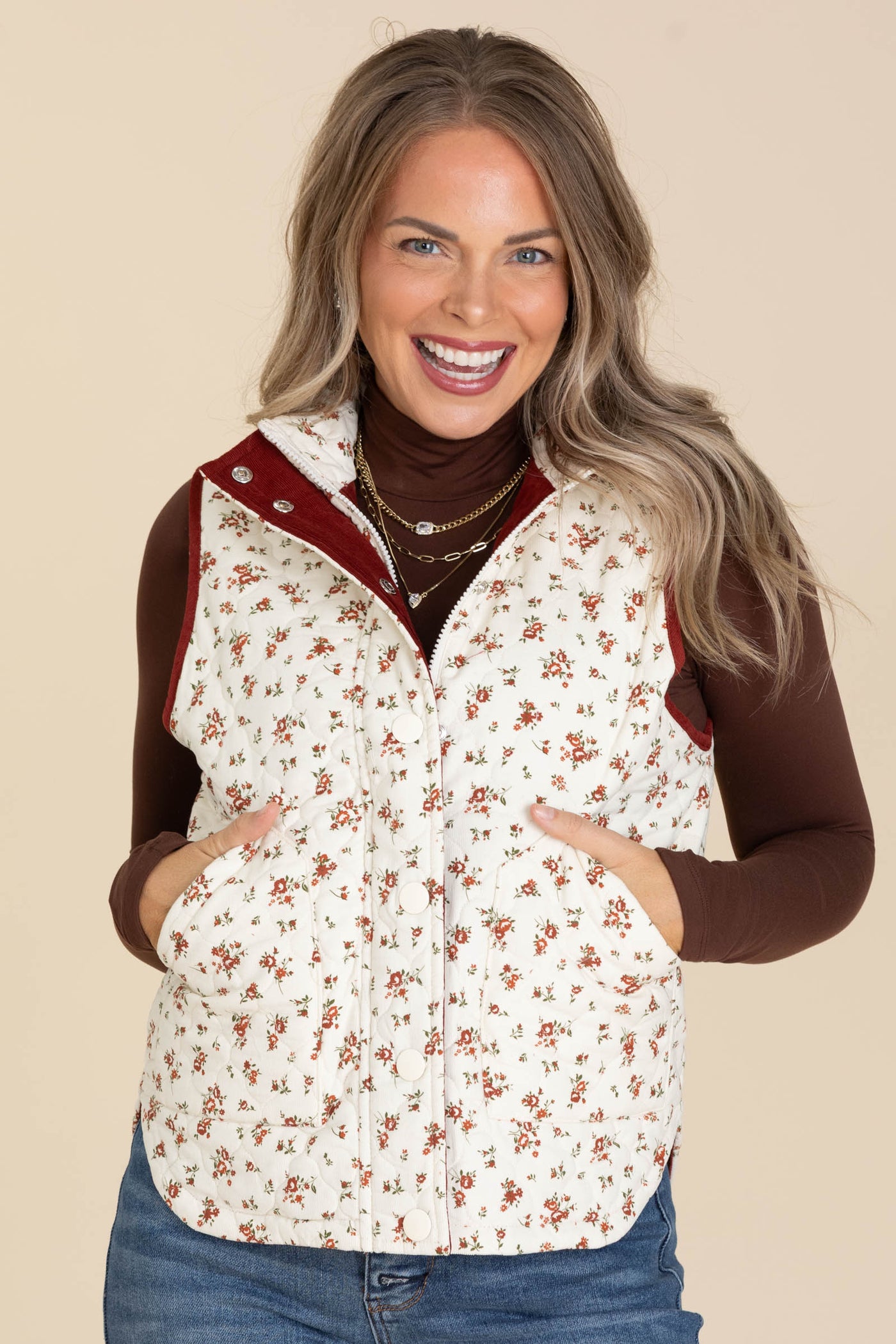 Ivory Floral Quilted Zip-Up Vest