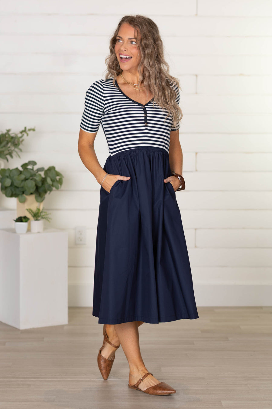 Navy Stripe And Solid Mixed Midi Dress