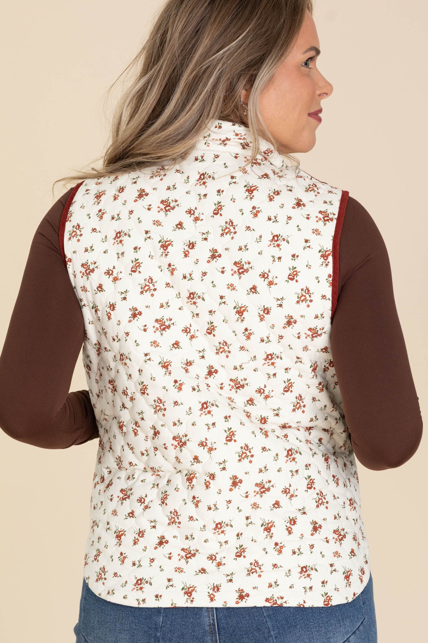 Ivory Floral Quilted Zip-Up Vest