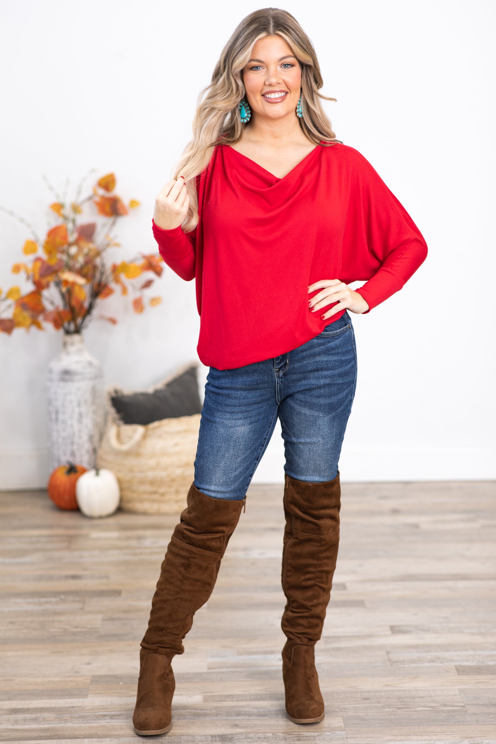 Red Cowl Neck Dolman Sleeve Top