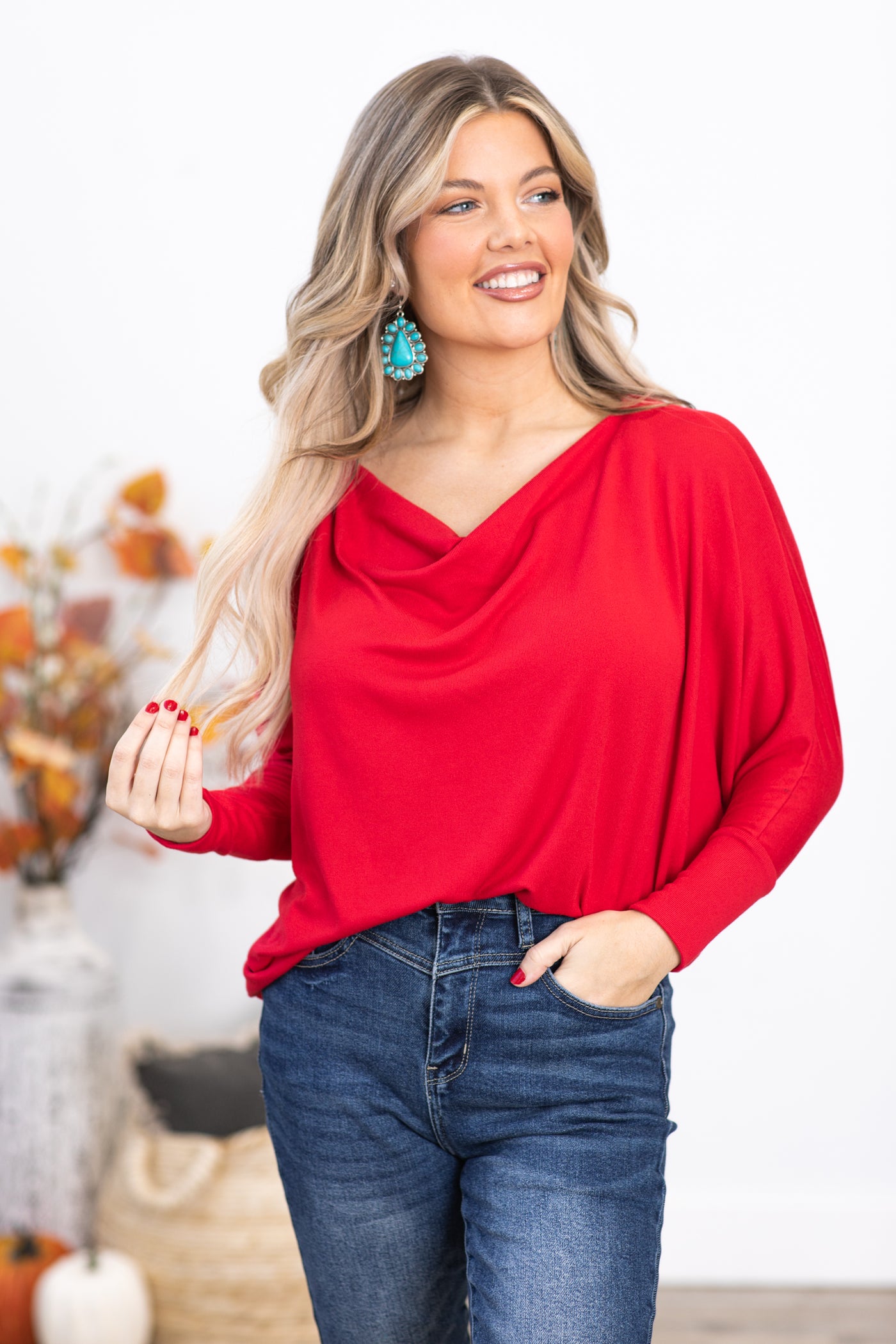 Red Cowl Neck Dolman Sleeve Top