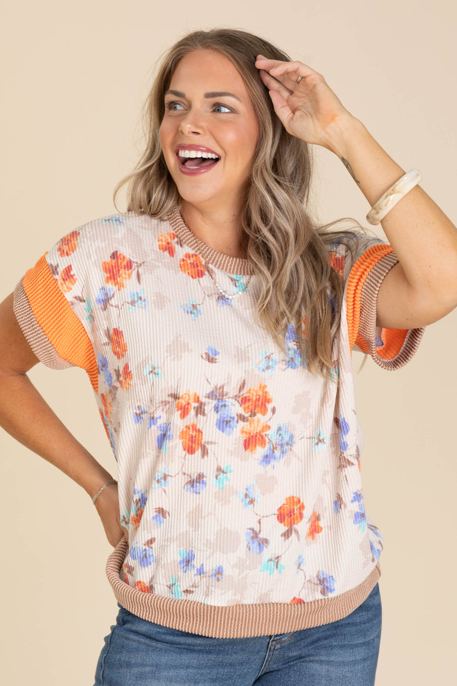 Beige Floral Print With Sleeve Two Tone Top