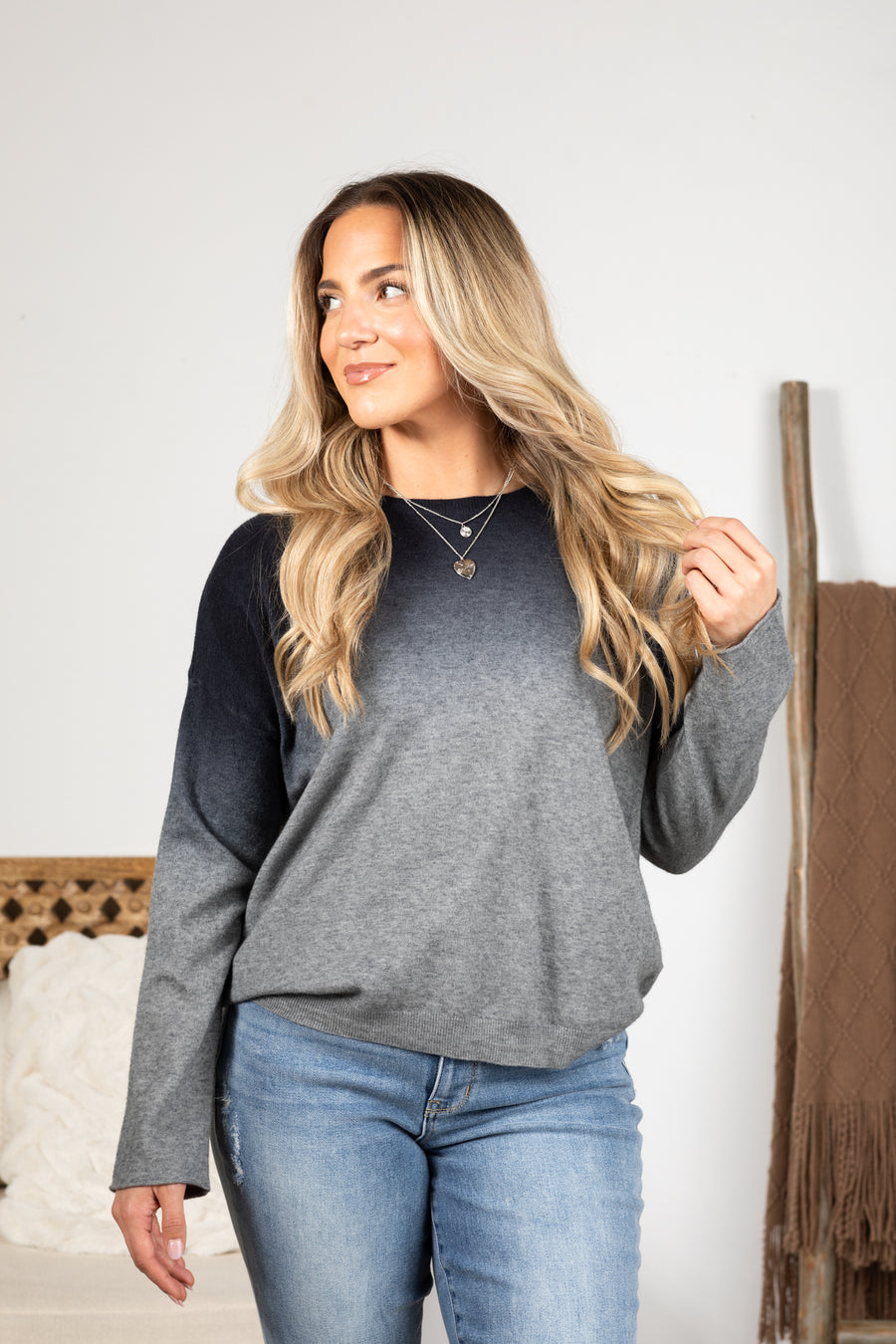 Navy And Grey Ombre Soft Knit Top