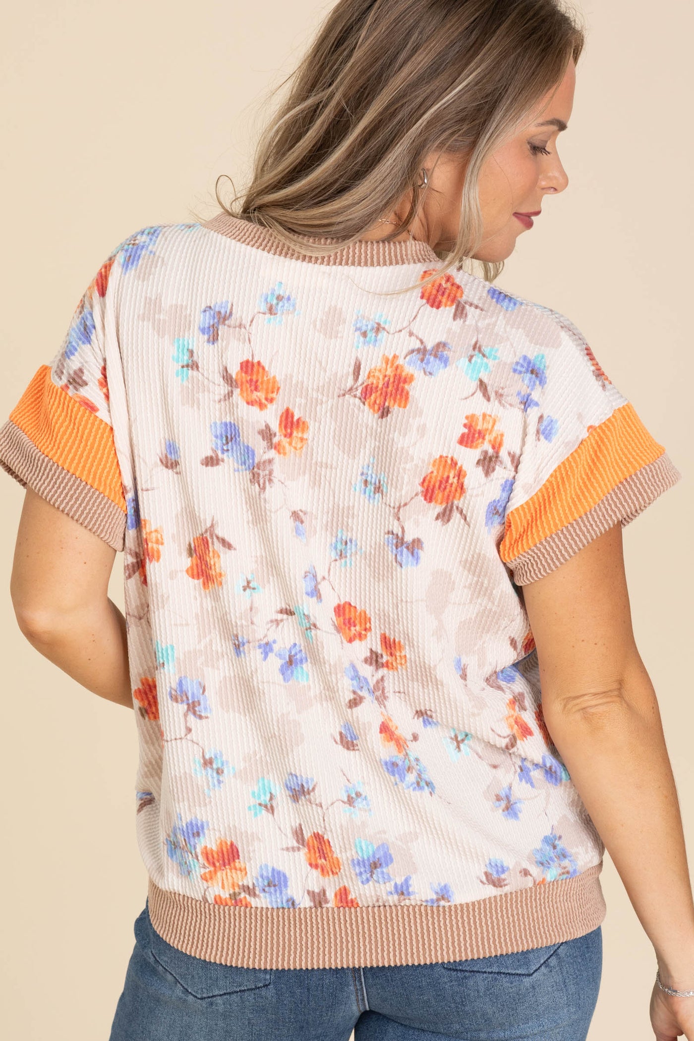 Beige Floral Print With Sleeve Two Tone Top