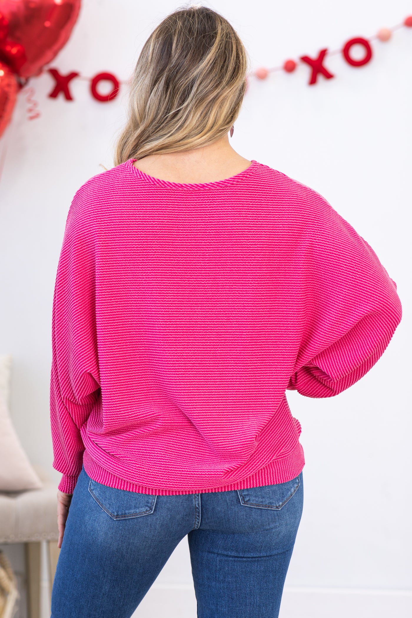 Hot Pink Ribbed Dolman Sleeve Top