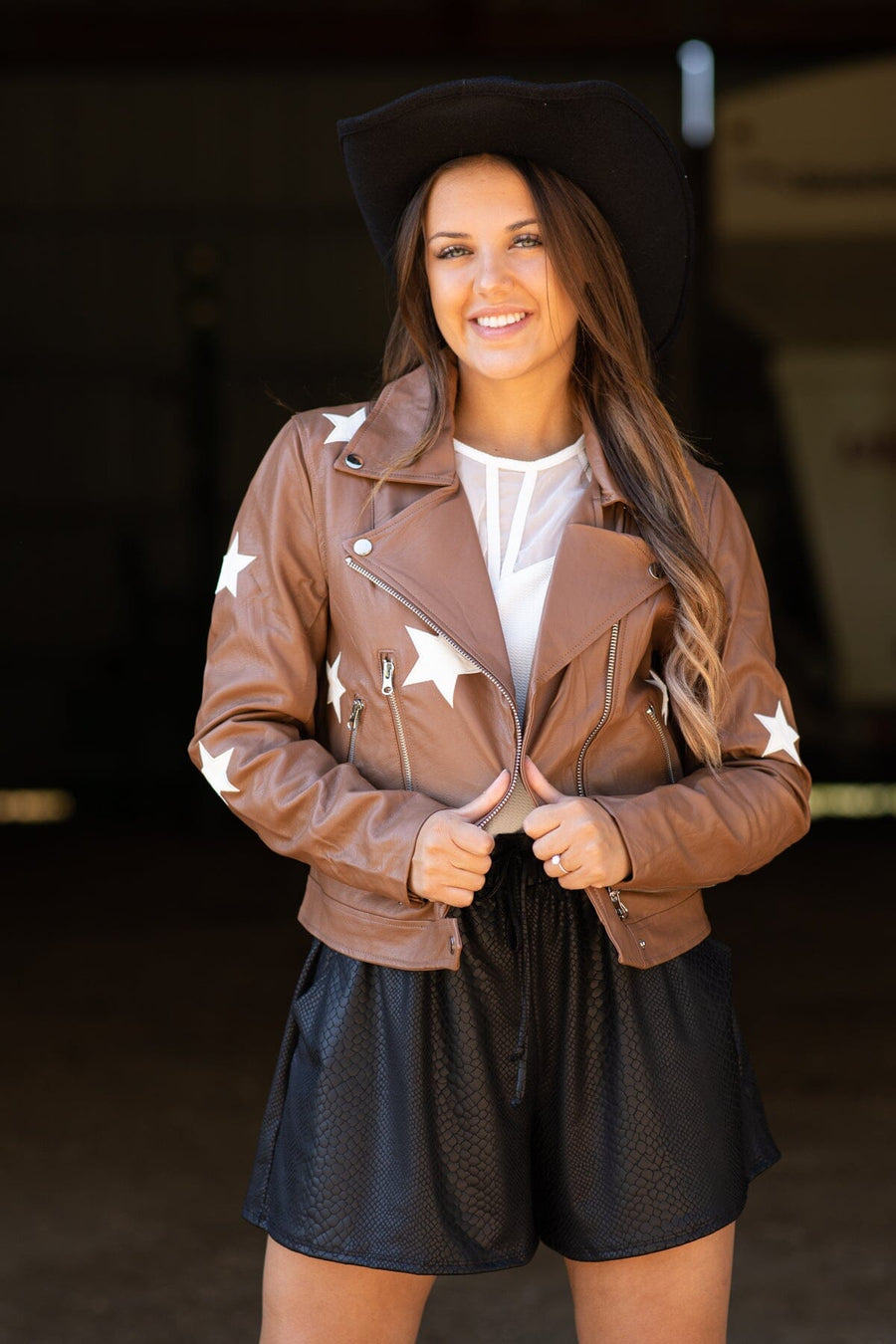 Dark Camel Star Print Faux Leather Moto Jacket - Filly Flair