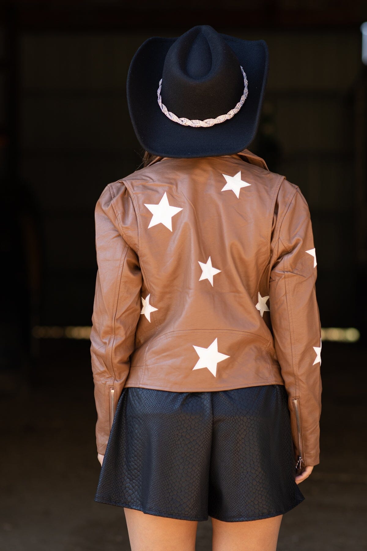 Dark Camel Star Print Faux Leather Moto Jacket - Filly Flair