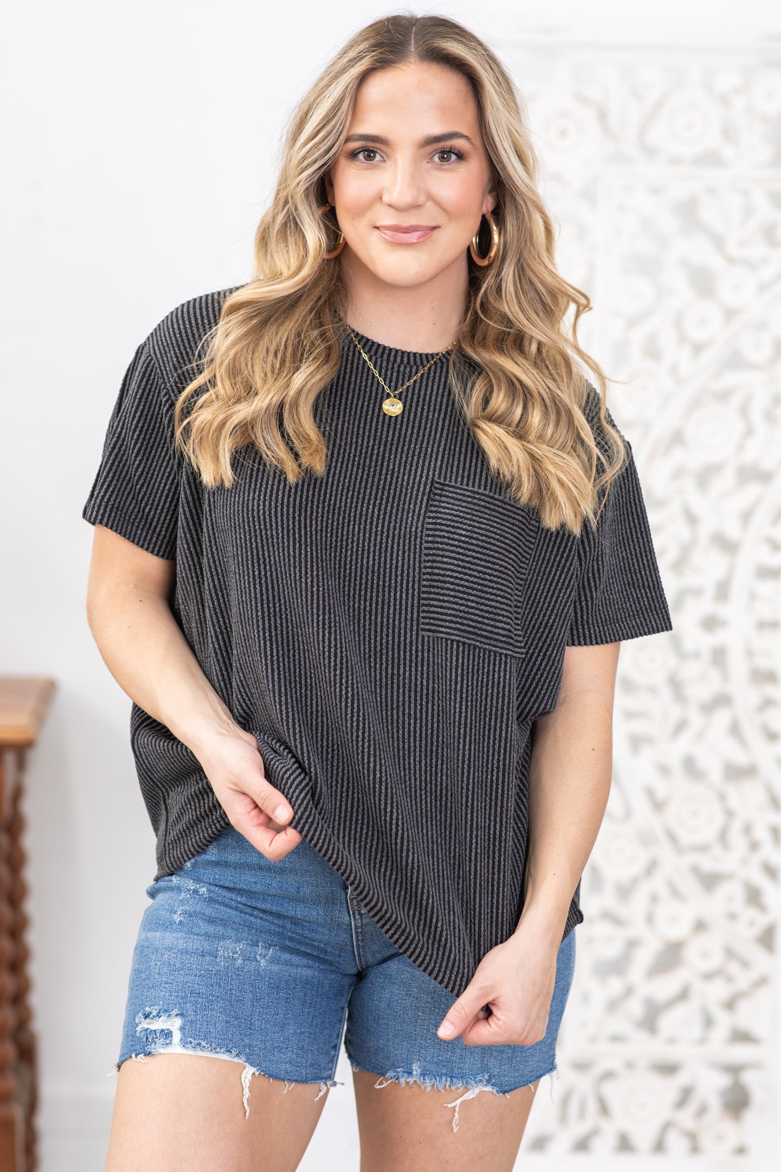 Charcoal Texture Ribbed Short Sleeve Knit Top