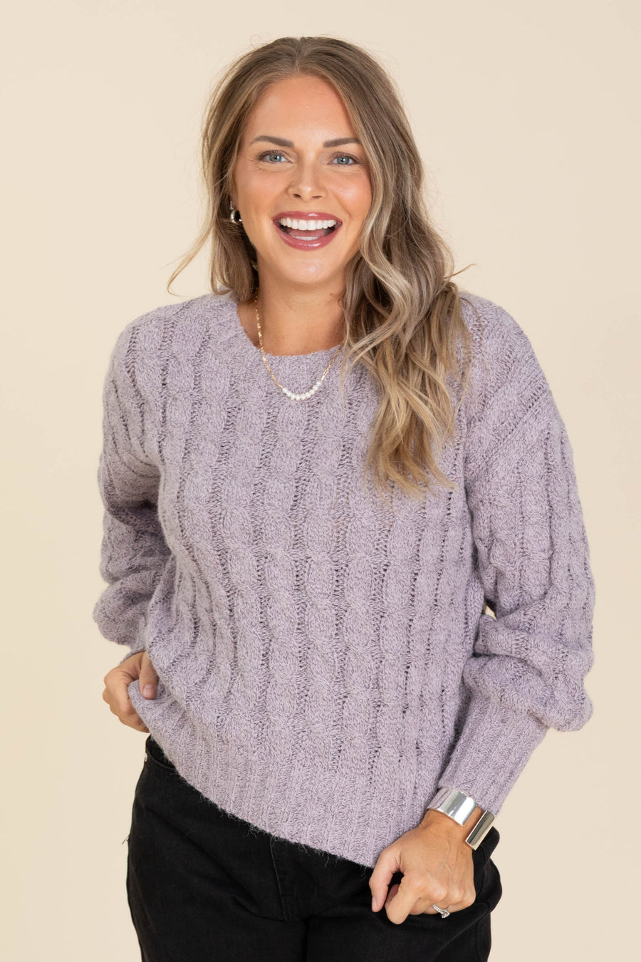 Lavender Plush Marled Cable Knit Sweater