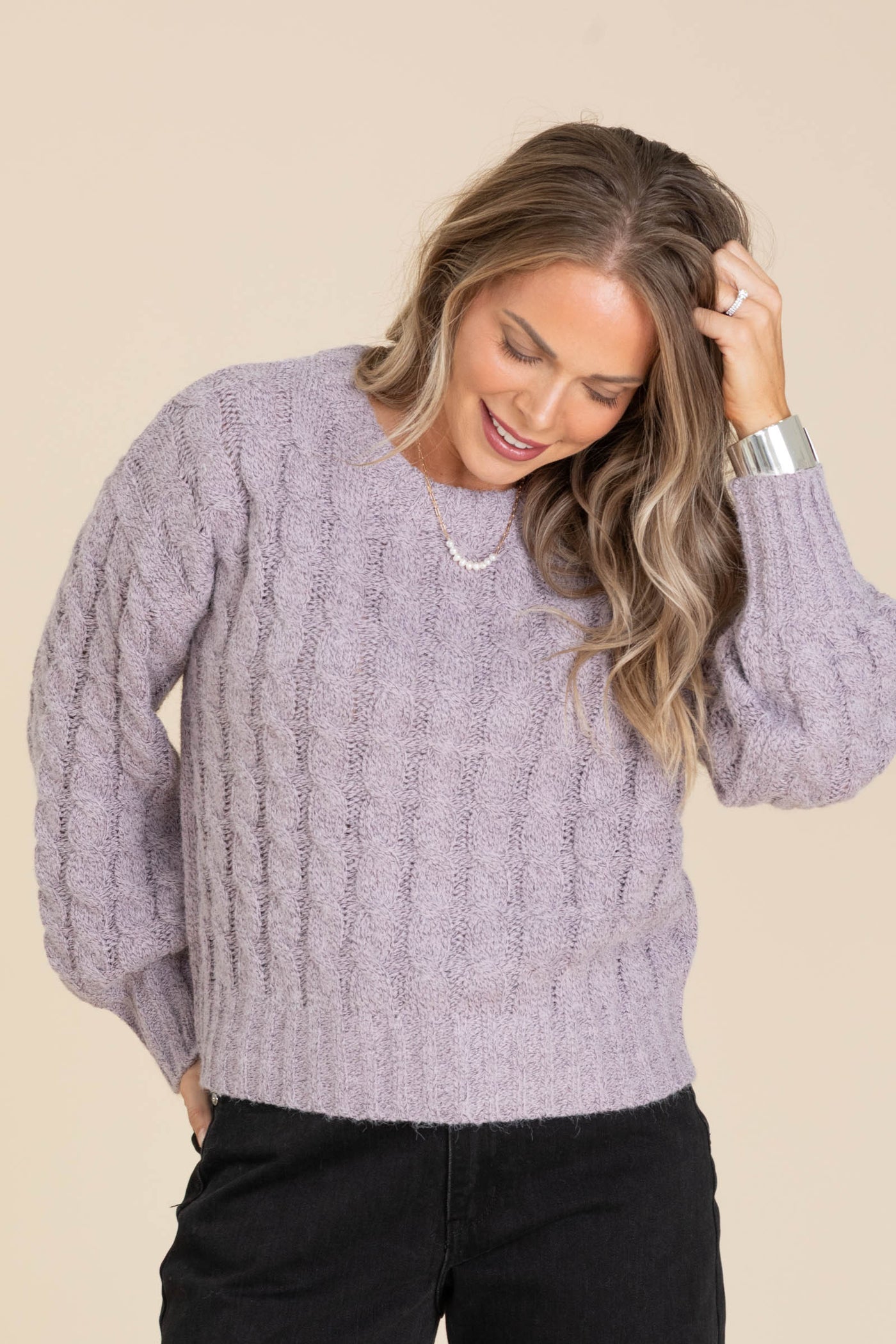 Lavender Plush Marled Cable Knit Sweater