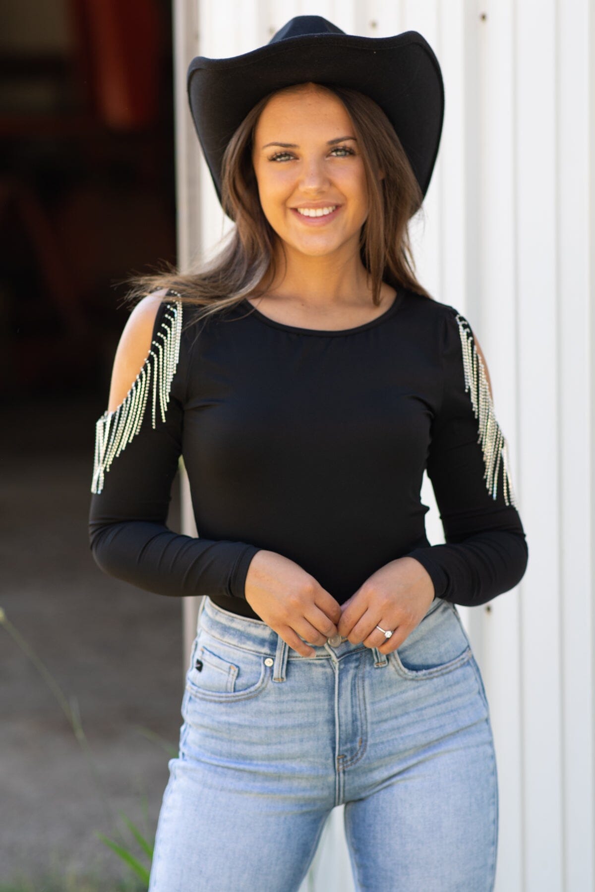 Black Bodysuit With Beaded Fringe Detail - Filly Flair
