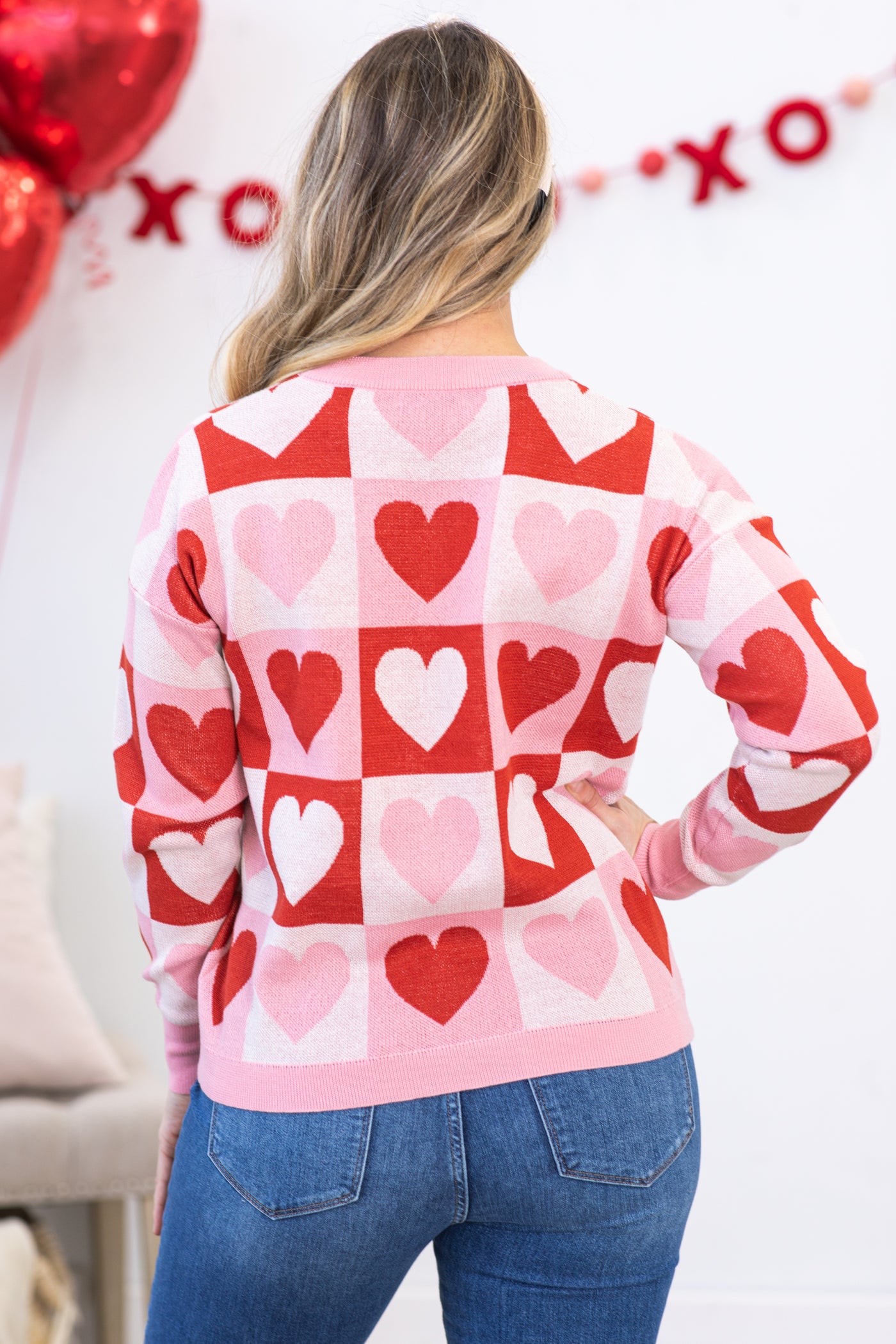 Pink and Red Hearts Checkerboard Sweater