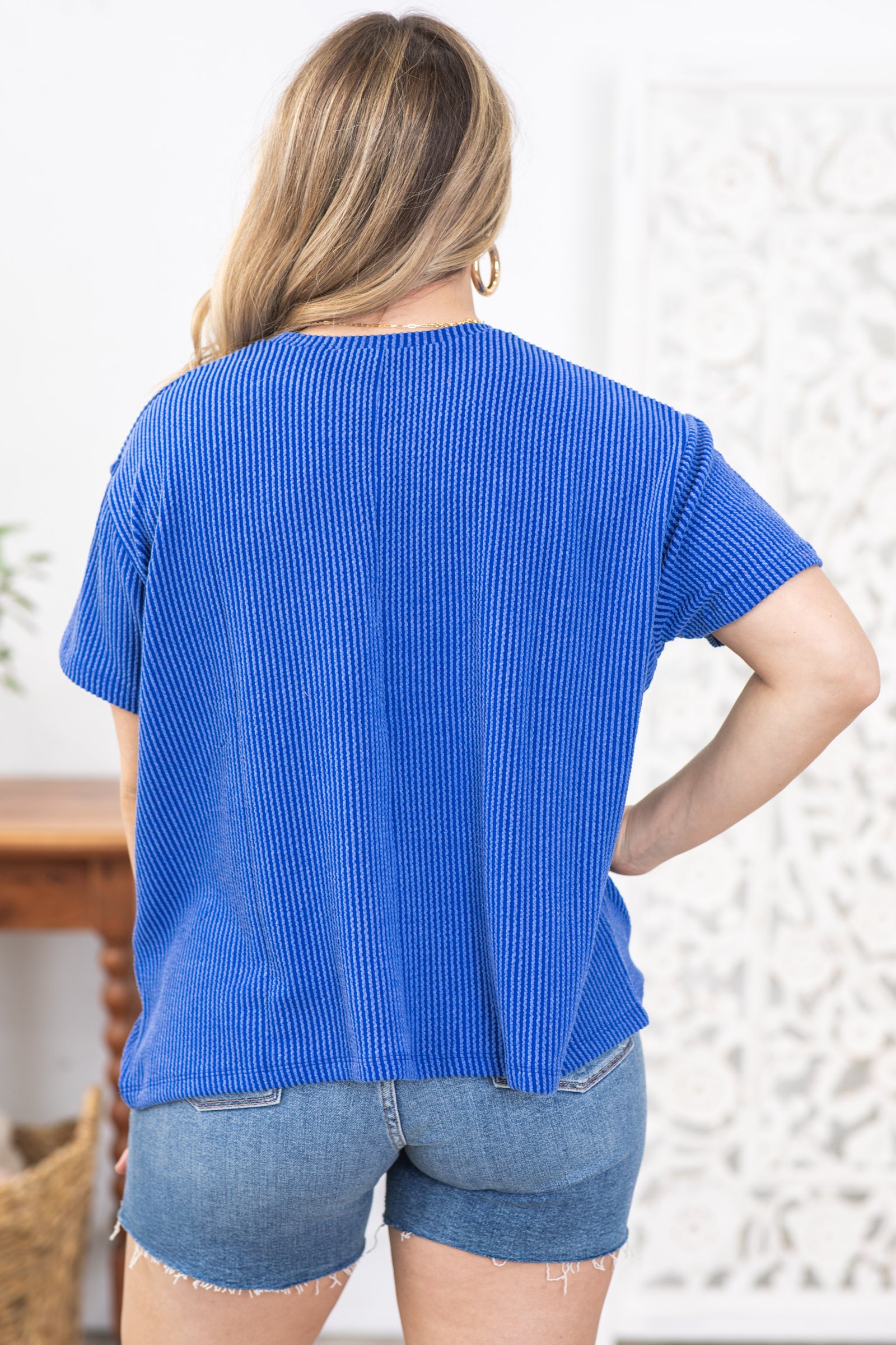 Blue Texture Ribbed Short Sleeve Knit Top