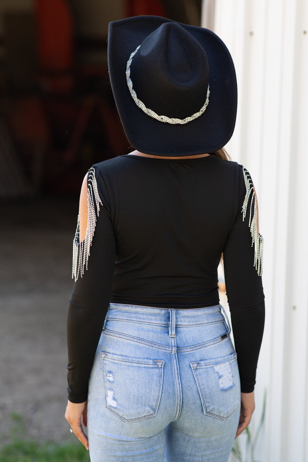 Black Bodysuit With Beaded Fringe Detail - Filly Flair