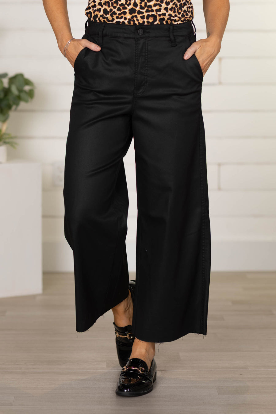 Hidden Black Coated Cropped Trouser Wide Leg Pants