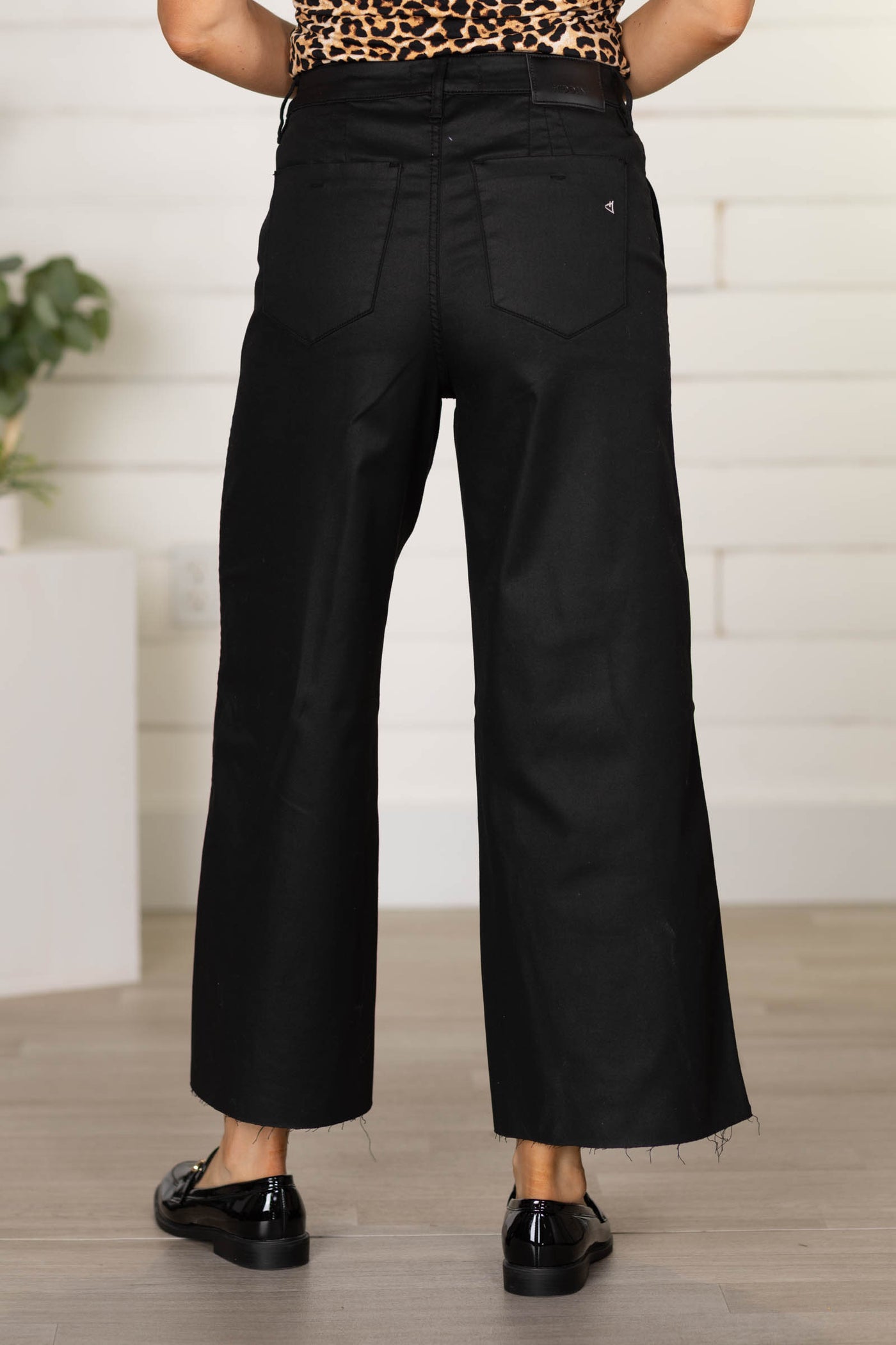 Hidden Black Coated Cropped Trouser Wide Leg Pants