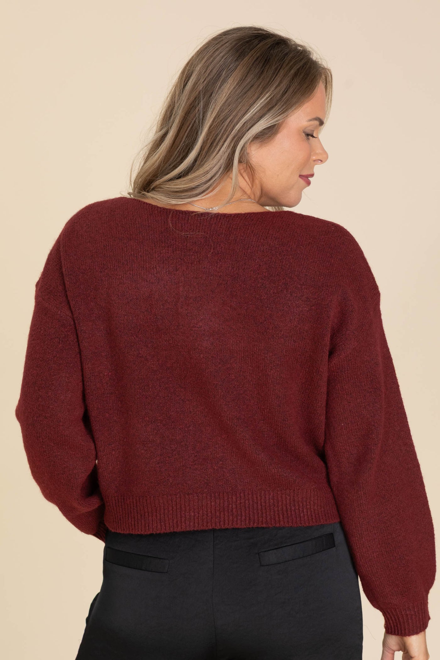 Burgundy Back Velvet Bow Detail Sweater