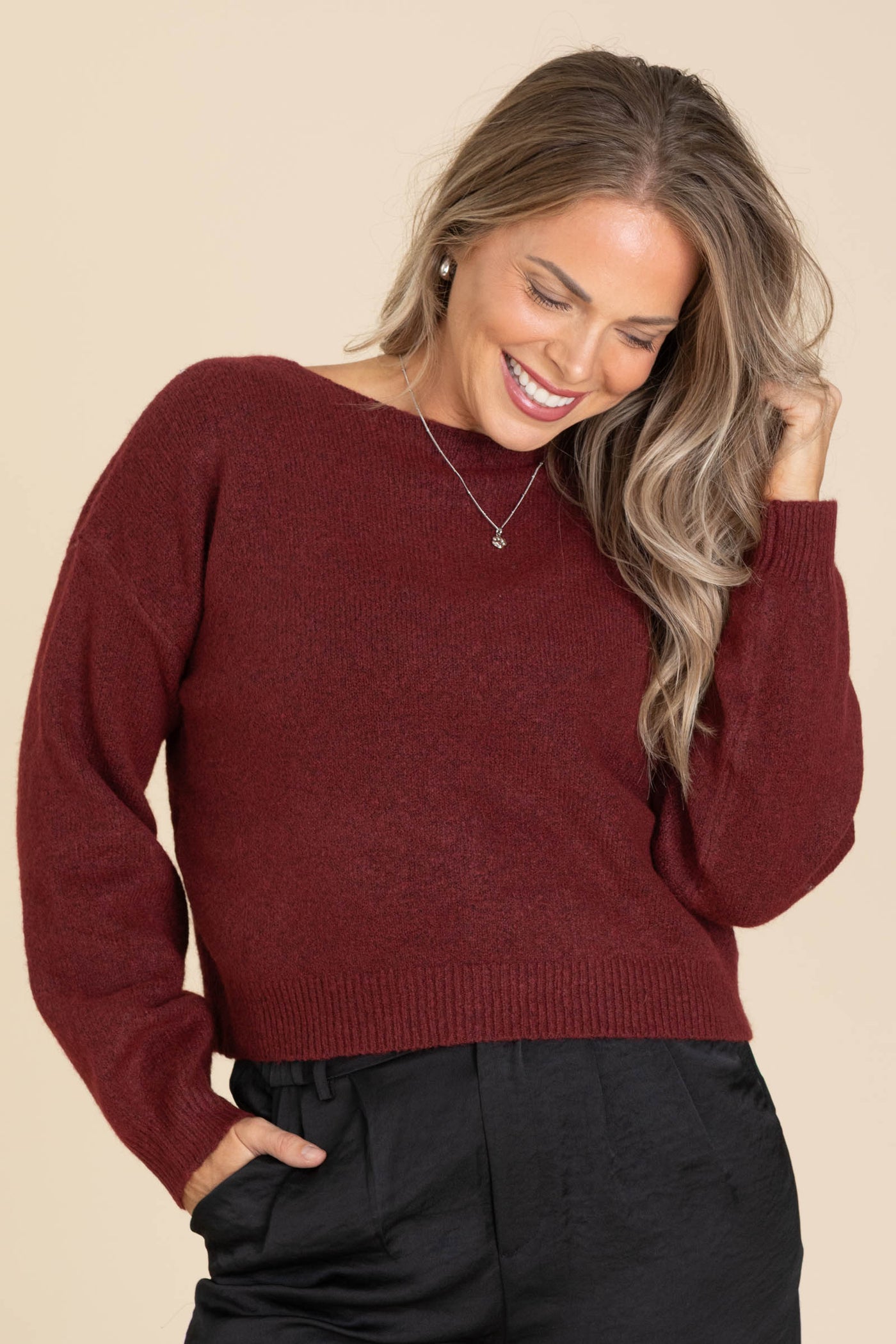 Burgundy Back Velvet Bow Detail Sweater
