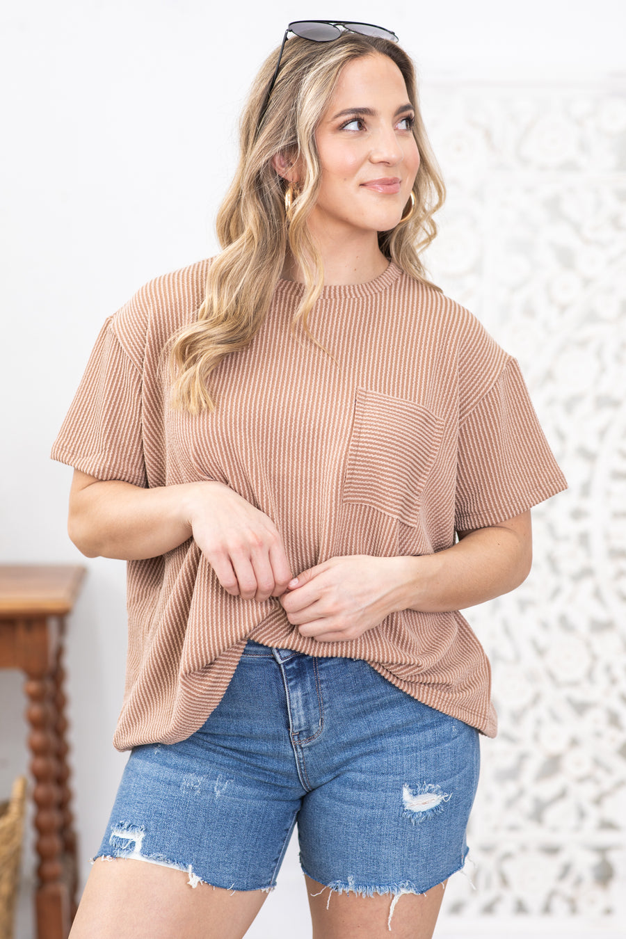 Mocha Texture Ribbed Short Sleeve Knit Top