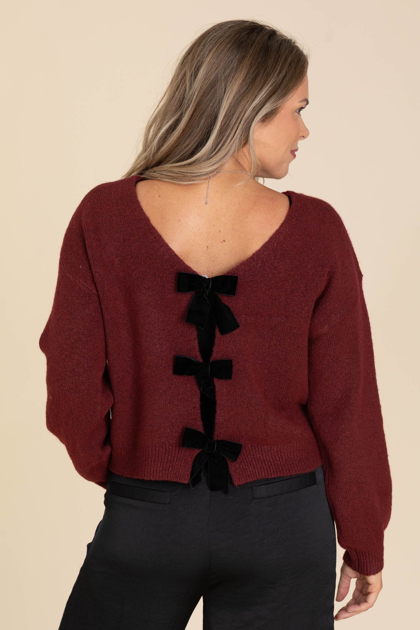 Burgundy Back Velvet Bow Detail Sweater