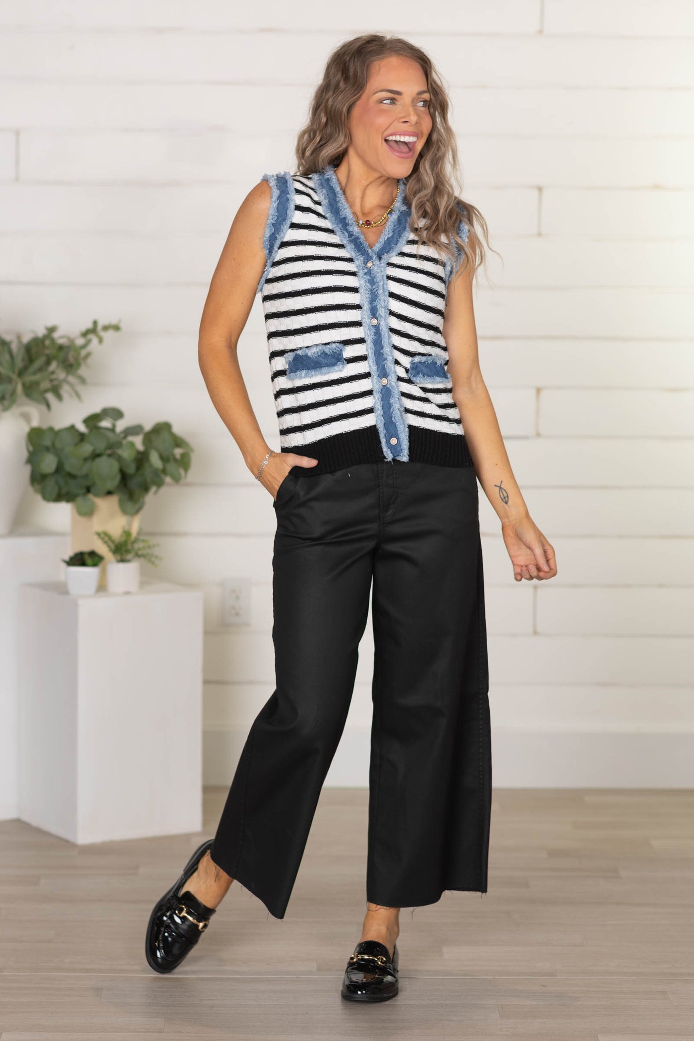 White And Black Washed Denim Trimmed Vest Top