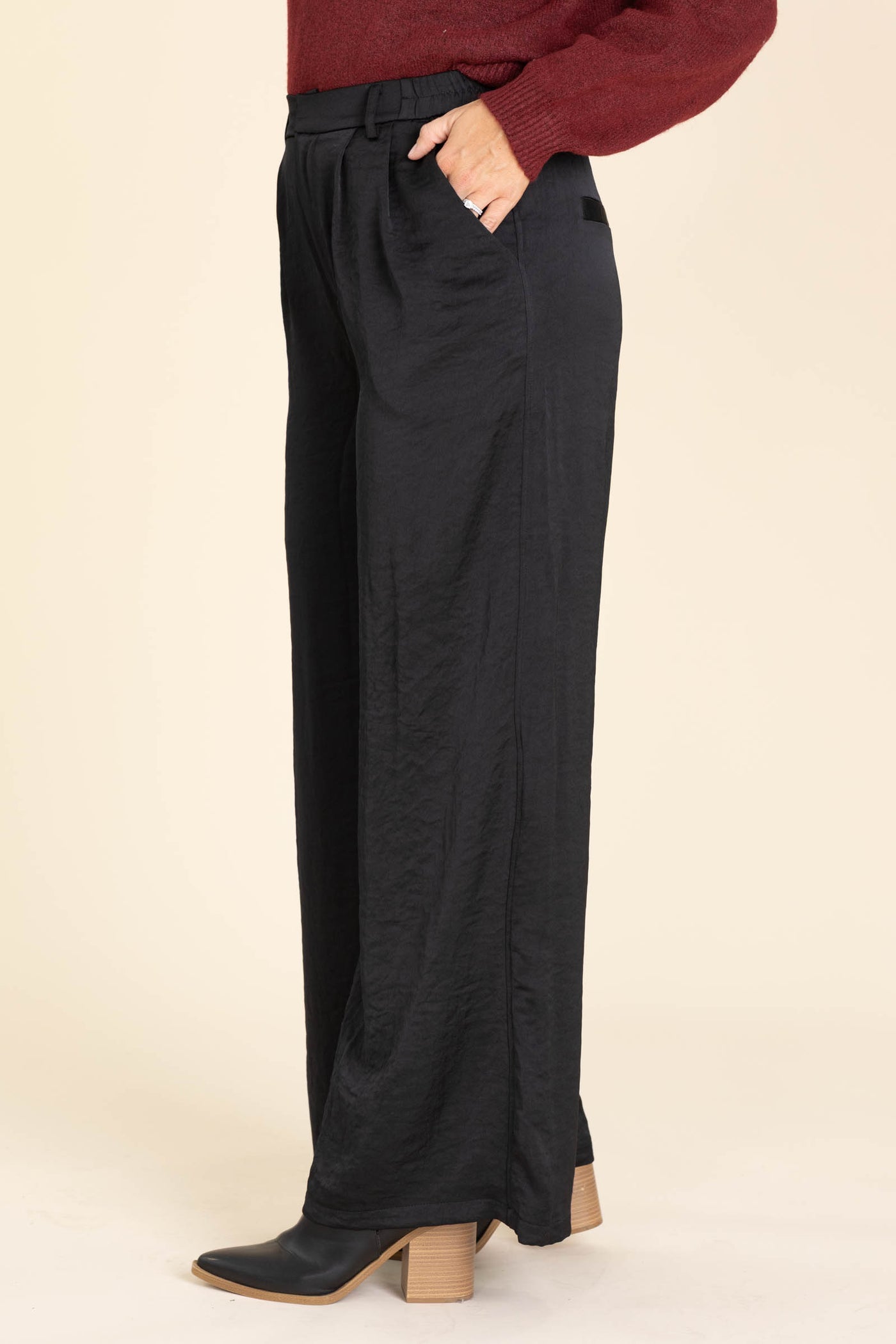 Black Crinkle Satin Wide Leg Pants