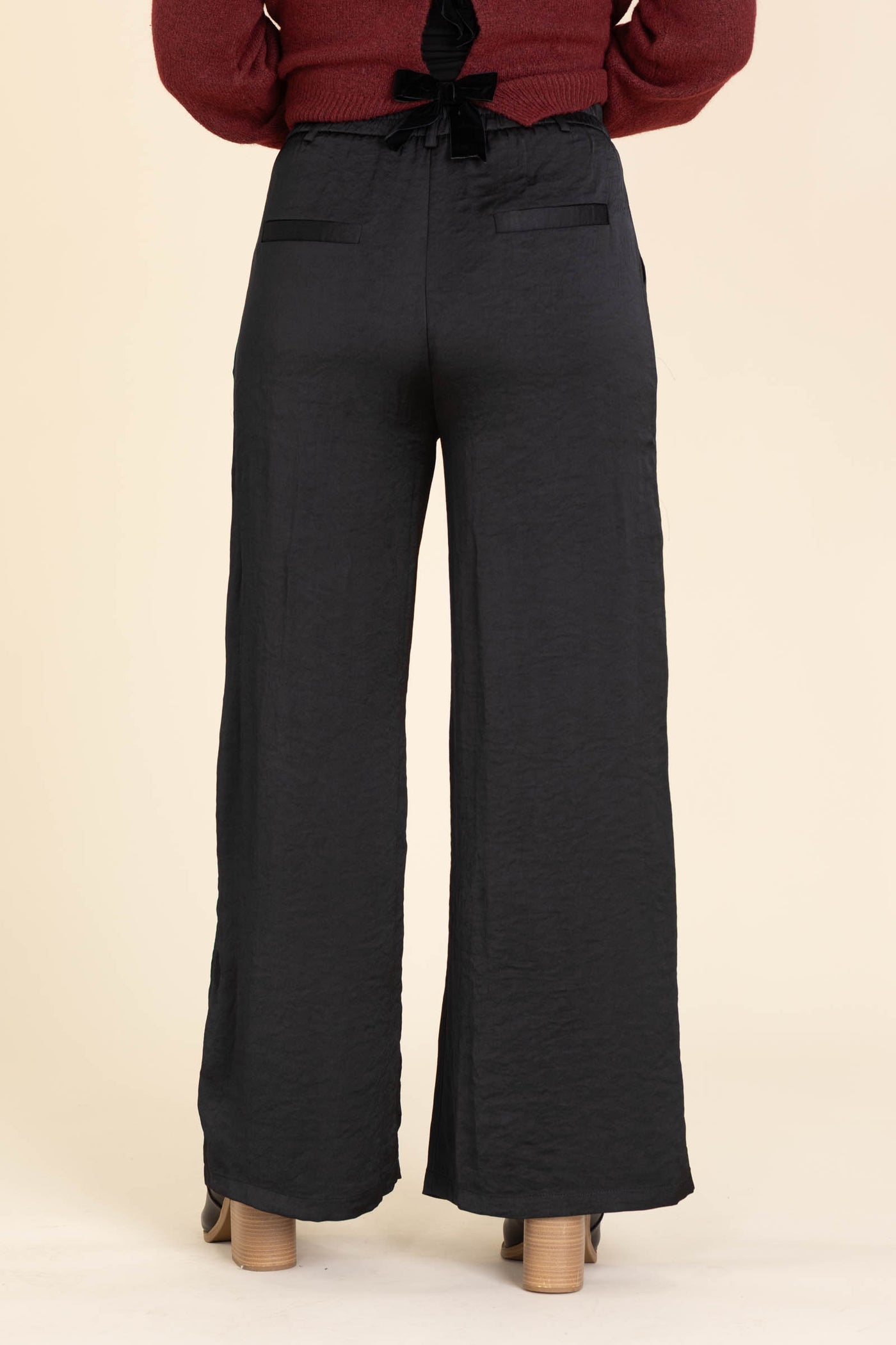 Black Crinkle Satin Wide Leg Pants