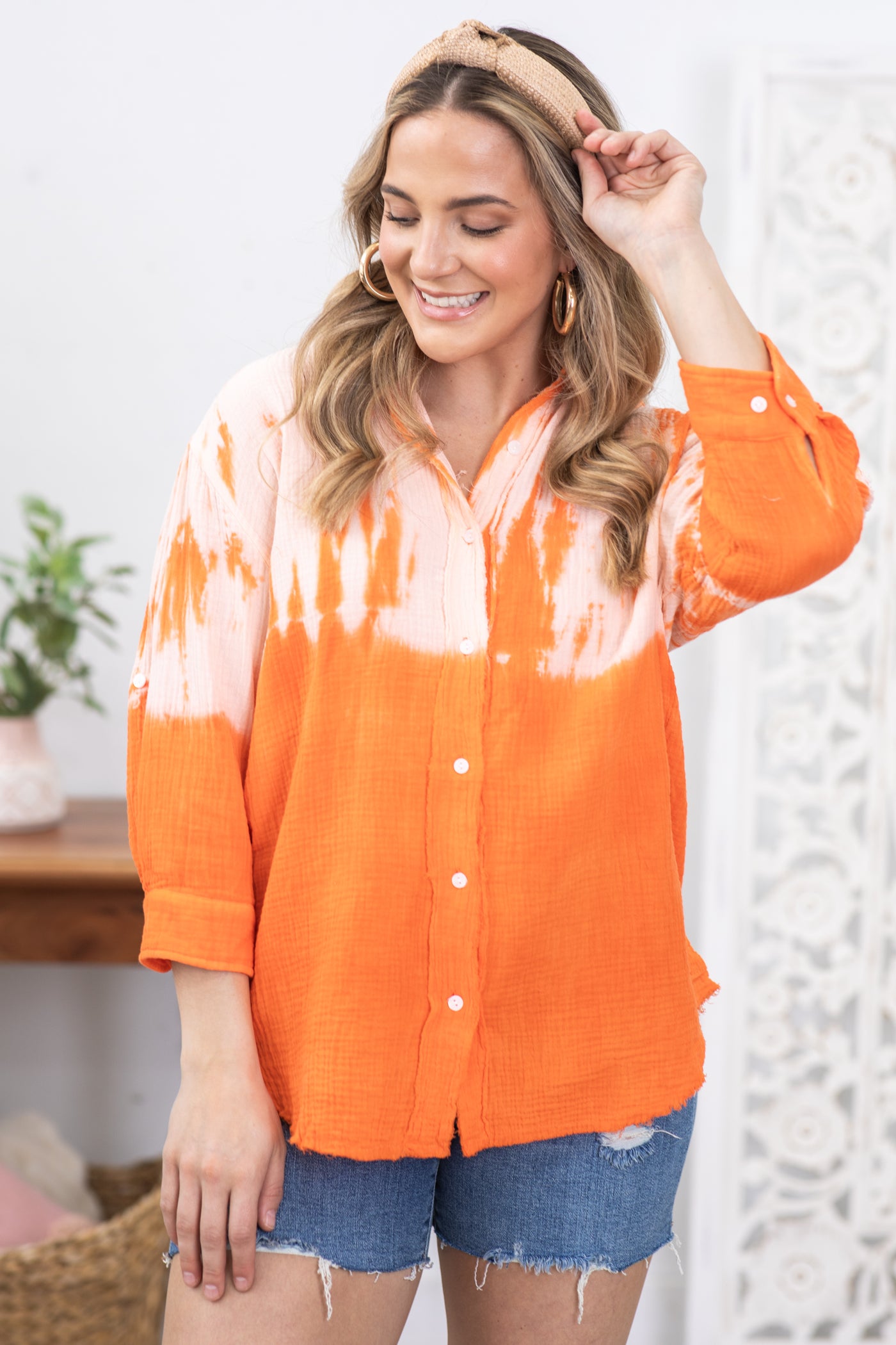 Orange and Peach Ombre Button Up Top