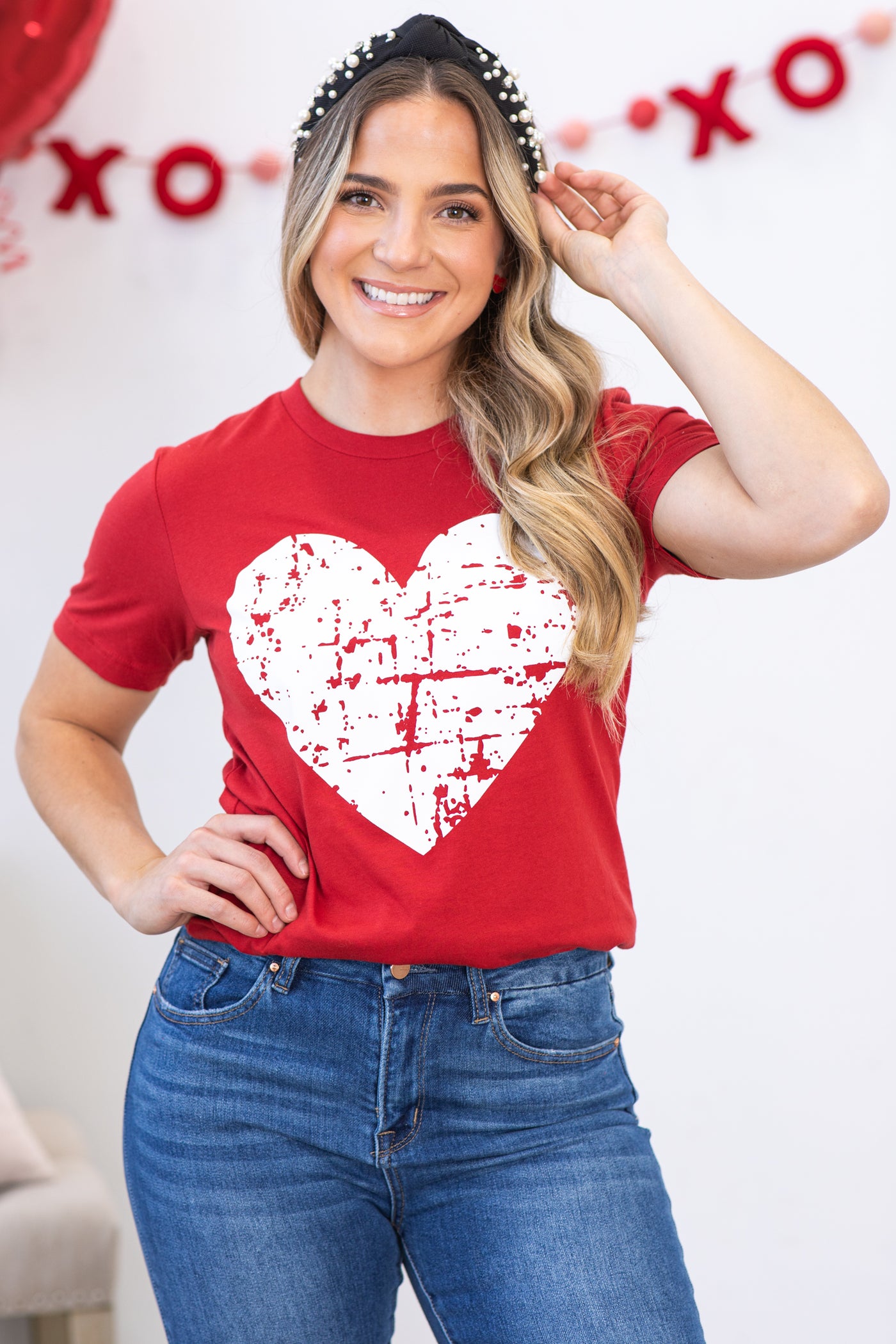 Red and White Distressed Heart Graphic Top