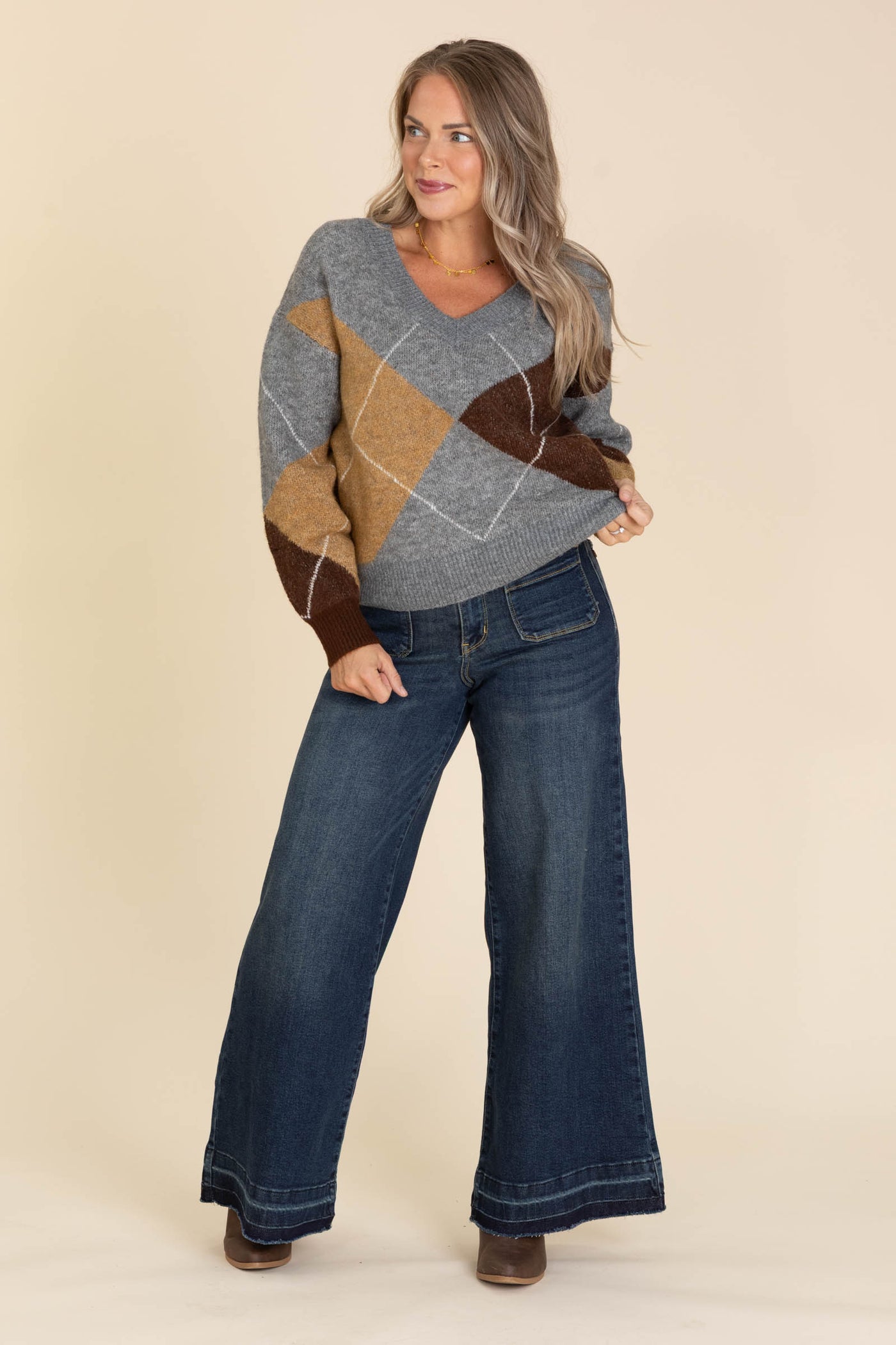 Grey Argyle V-Neck Long Sleeve Sweater