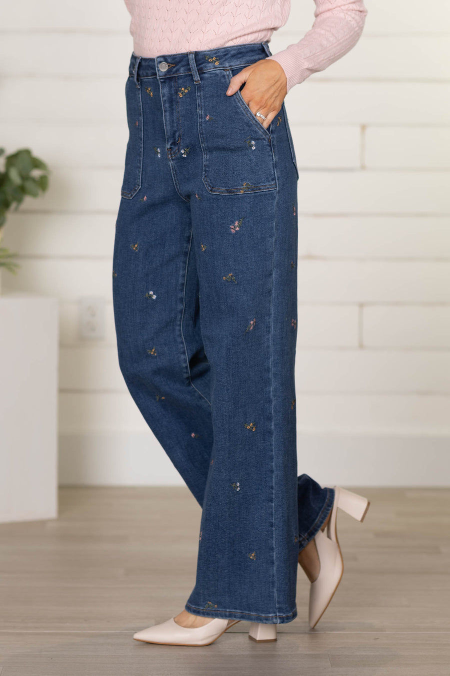 Cello High Rise Embroidered Wide Jeans