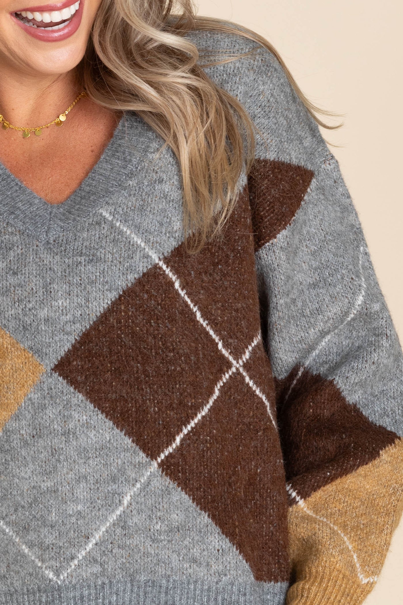 Grey Argyle V-Neck Long Sleeve Sweater