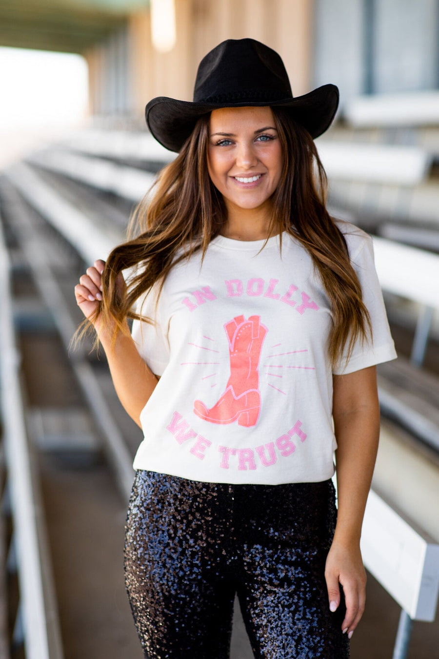 Cream and Pink In Dolly We Trust Graphic Tee - Filly Flair