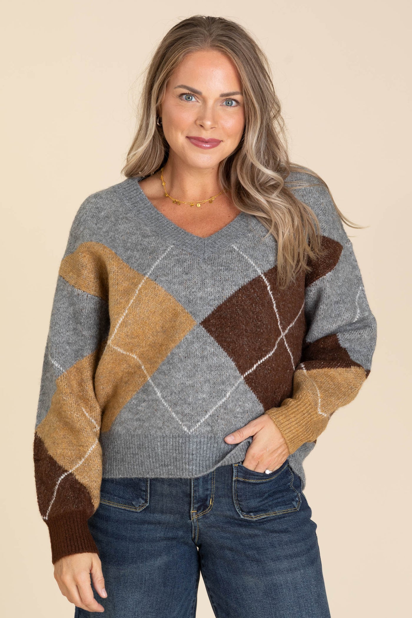 Grey Argyle V-Neck Long Sleeve Sweater