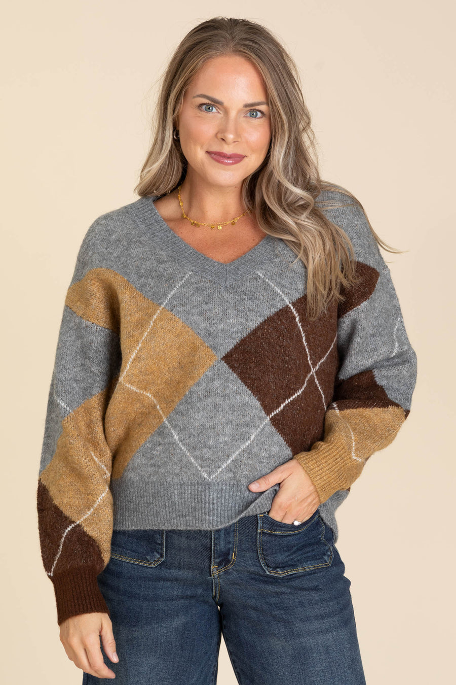 Grey Argyle V-Neck Long Sleeve Sweater
