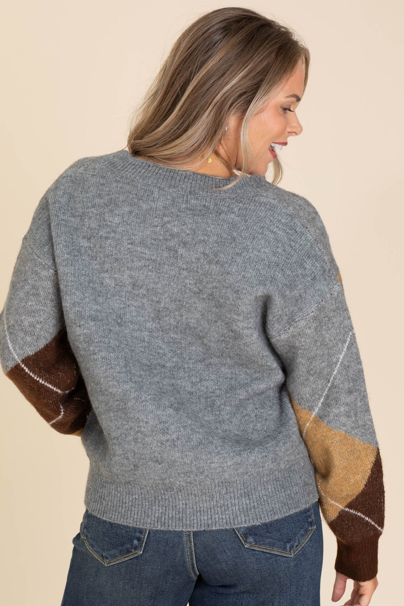 Grey Argyle V-Neck Long Sleeve Sweater